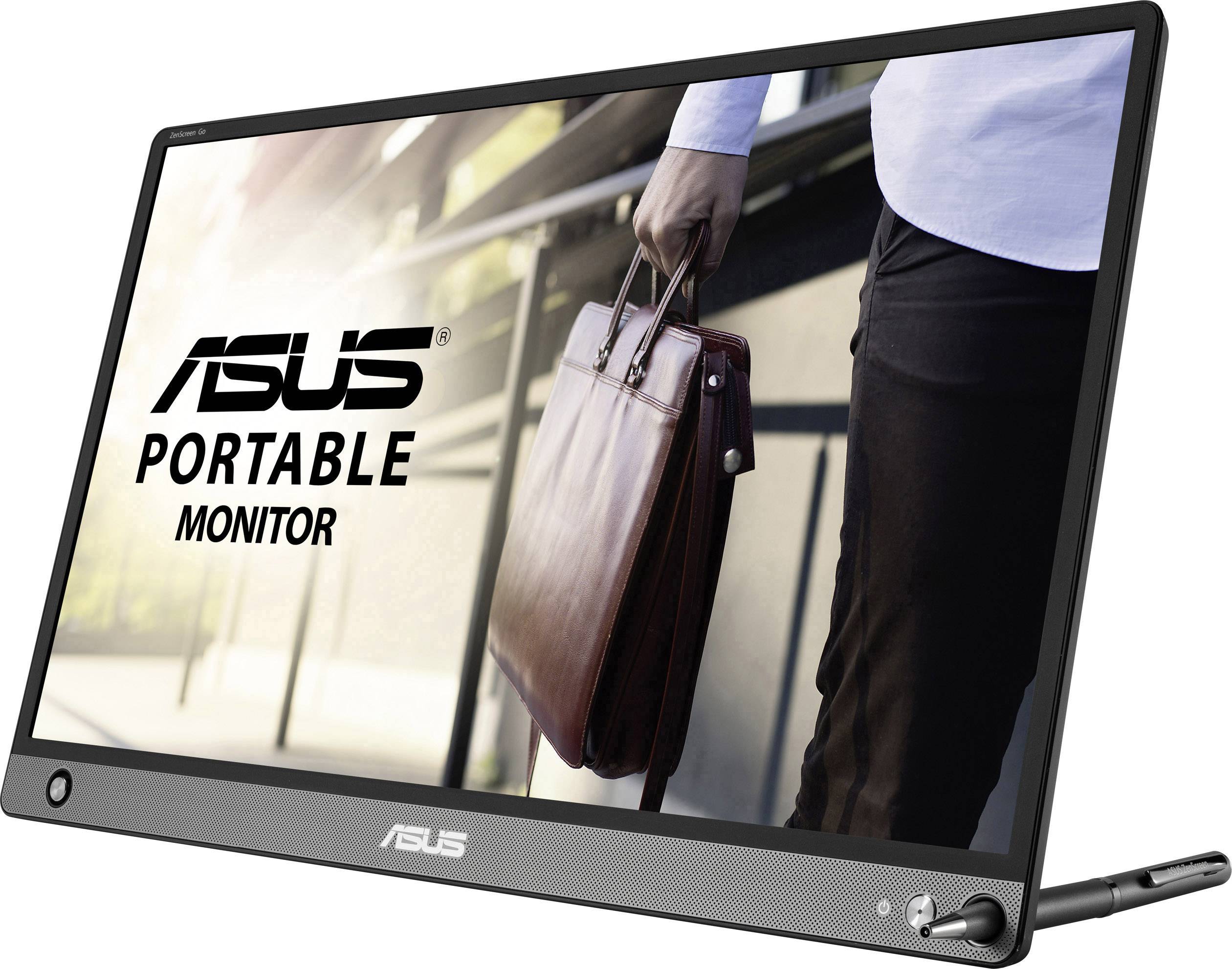 Asus tragbarer Monitor, Darstellung einer Person mit Aktentasche in der Hand, spiegelt Mobilität und Geschäftsreisen wider.