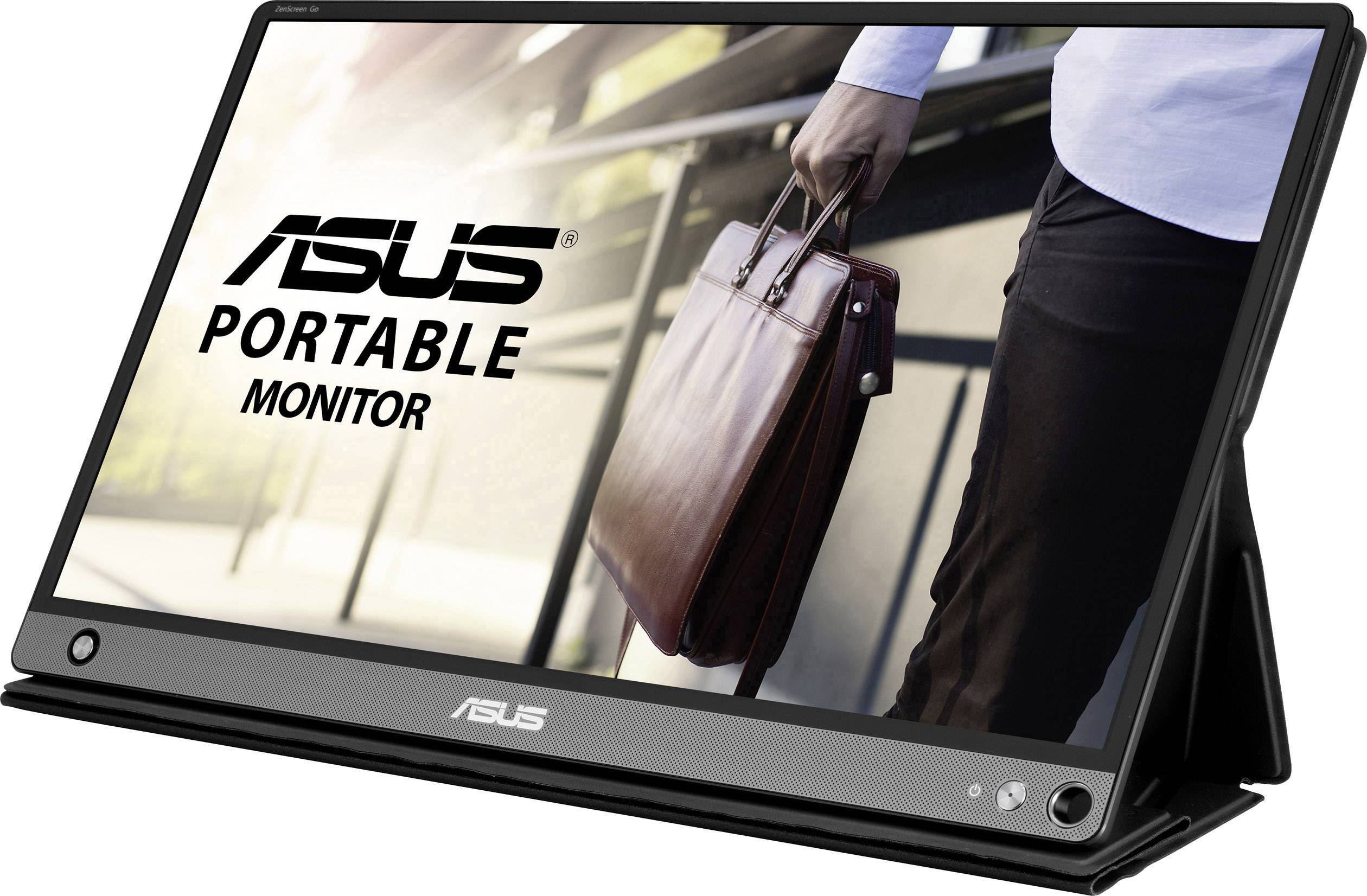 Asus tragbarer Monitor in einer Schutzhülle. Zeigt ein Bild von jemandem, der eine Ledertasche hält.