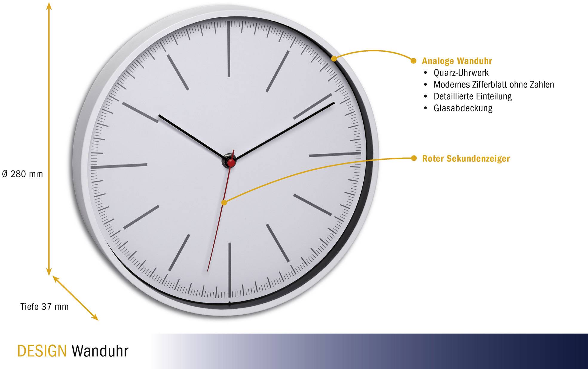 Design Wanduhr: Analoge Uhr mit Quarz-Uhrwerk, modernem Zifferblatt ohne Zahlen, detaillierter Einteilung und Glasabdeckung. Tiefe 37 mm.
