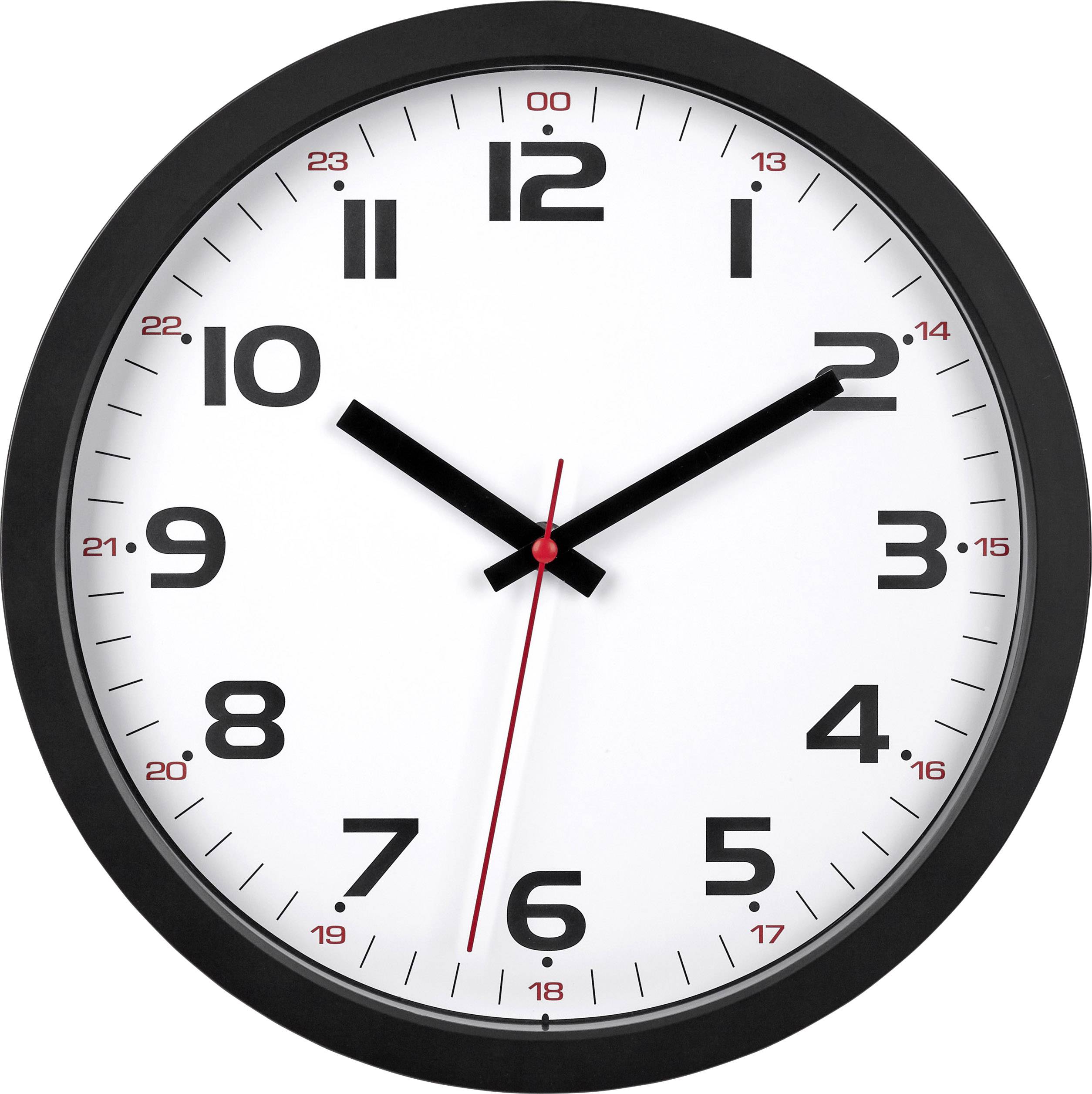 Analoge Wanduhr mit schwarzem Rahmen zeigt 10:10 Uhr. Weiße Uhr mit schwarzen Stunden- und Minutenzeigern, rotem Sekundenzeiger.