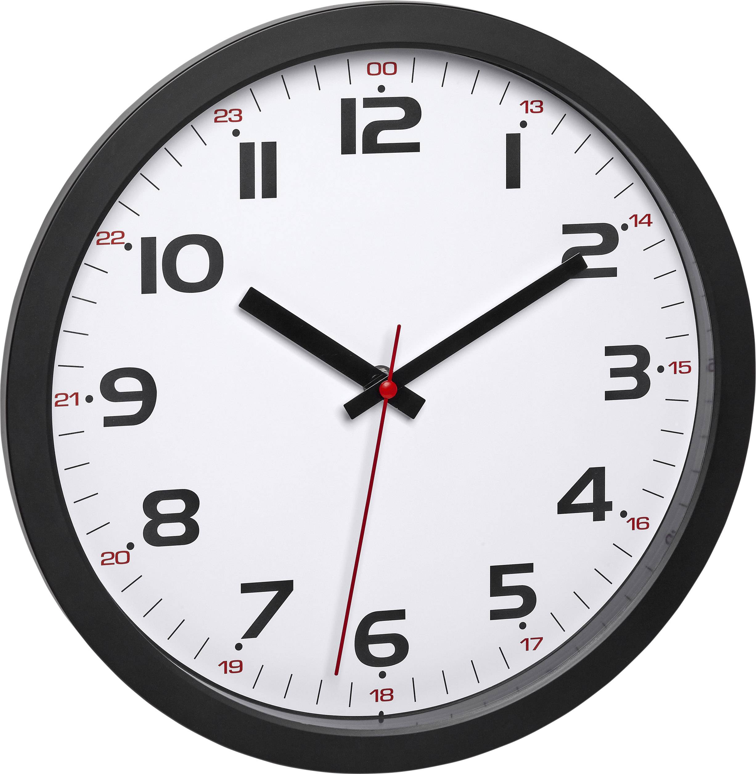 Eine analoge Wanduhr mit schwarzem Rahmen zeigt die Uhrzeit 10:10 an. Sie hat ein weißes Zifferblatt mit schwarzen und roten Zahlen.