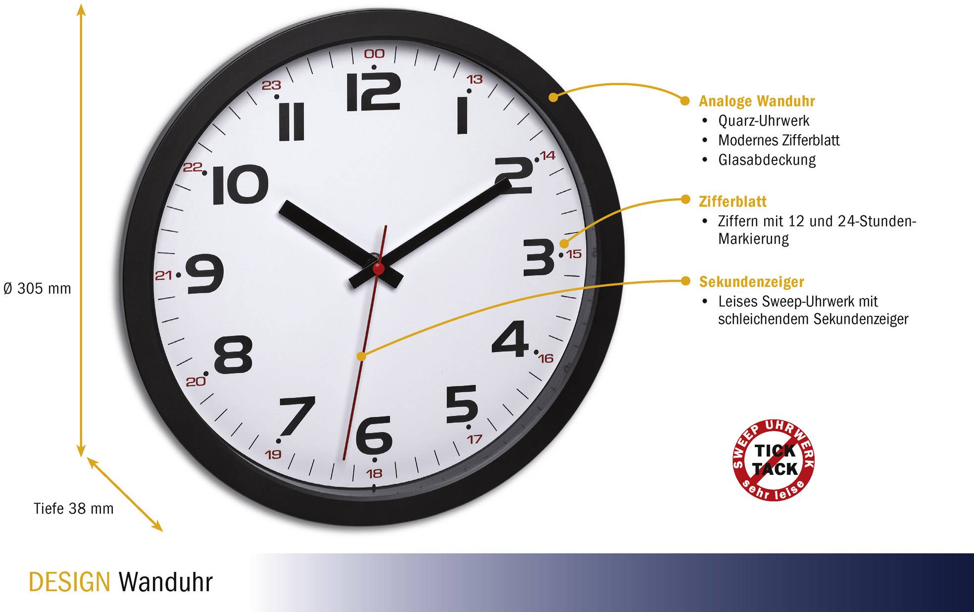 Eine runde, analoge Wanduhr mit schwarzem Rahmen. Zeigt Stundenmarkierungen von 1 bis 12 und rote Sekundenzeiger. Text: 'DESIGN Wanduhr'.