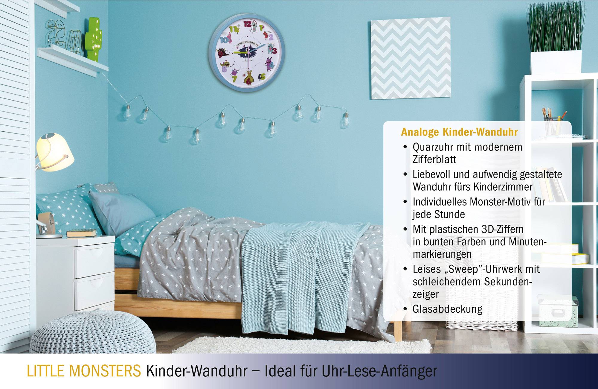 TFA Dostmann Little Monsters Quarz Wanduhr 30.9cm x 4.4cm Türkis