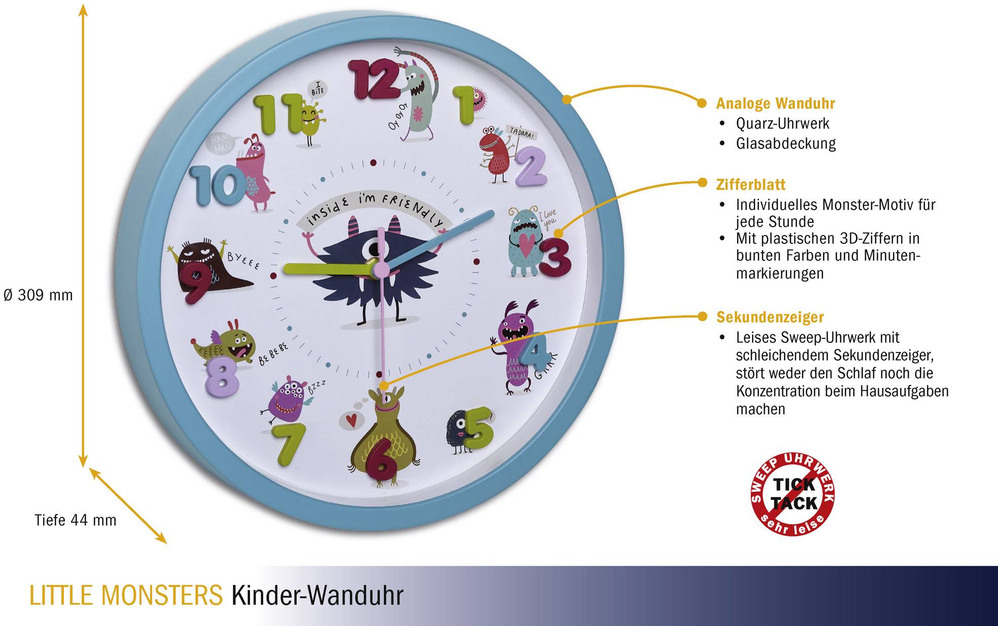 TFA Dostmann Little Monsters Quarz Wanduhr 30.9cm x 4.4cm Türkis