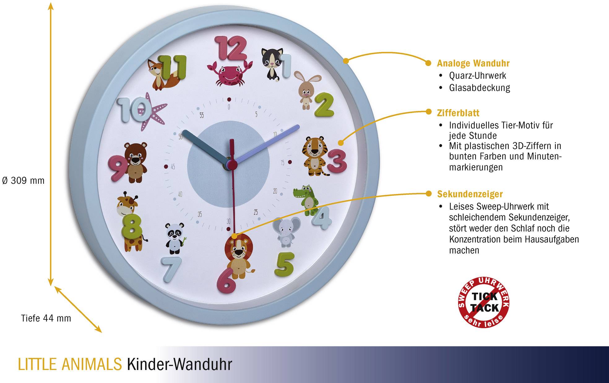 TFA Dostmann Little Animals Quarz Wanduhr 30.9 cm x 4.4 cm Hellblau