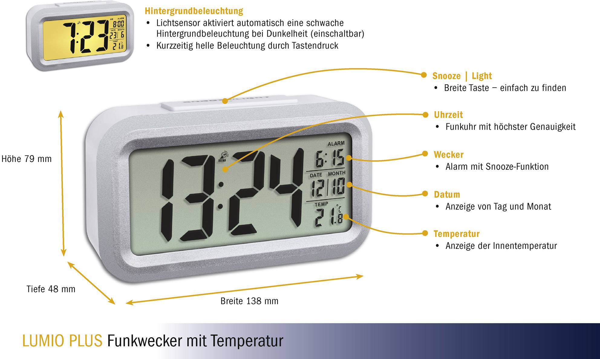 TFA Dostmann 60.2553.02 Funk Wecker Silber, Weiß Alarmzeiten 1