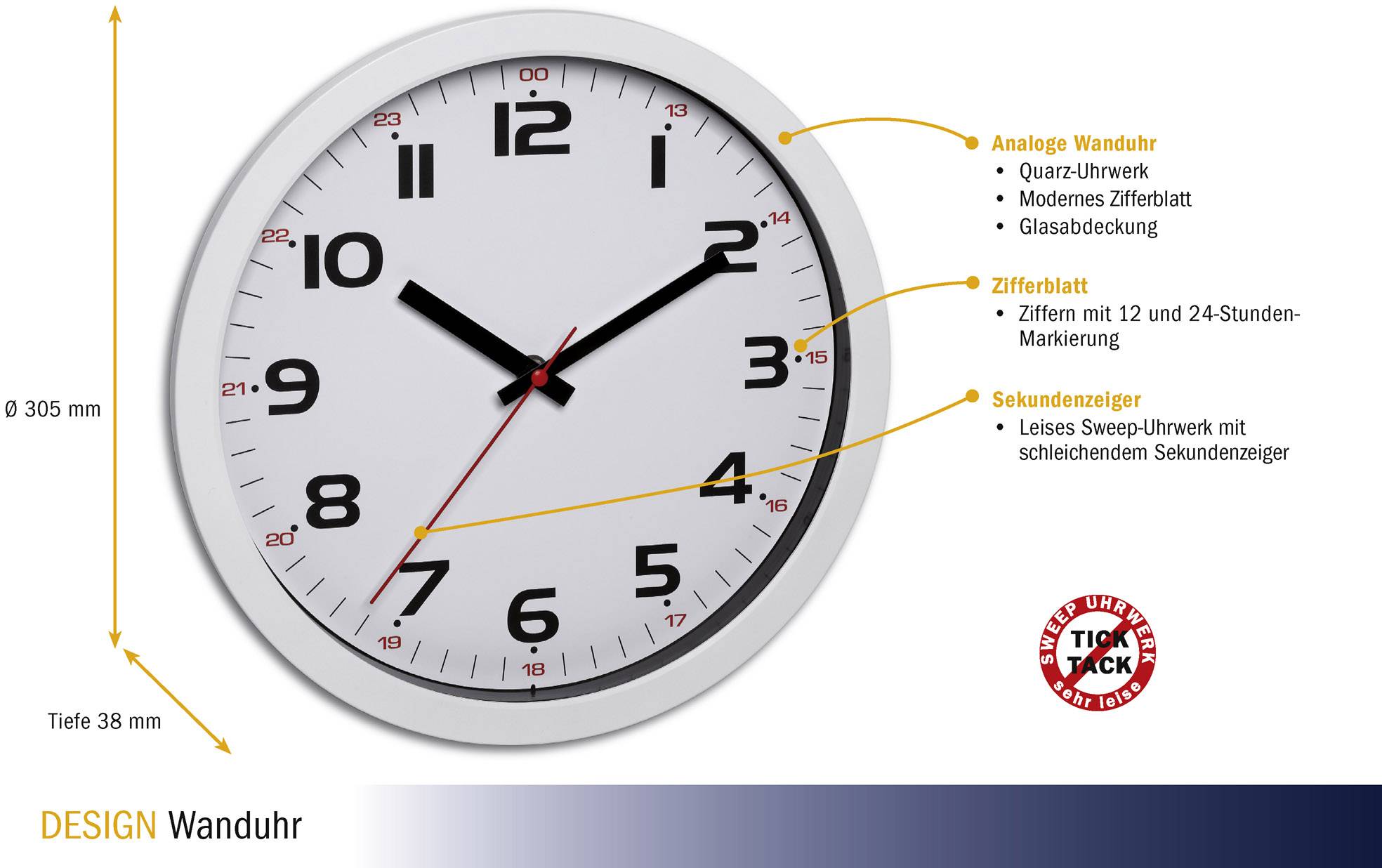 Analoge Wanduhr mit Quarzwerk, modernem Zifferblatt und Glasabdeckung. Ziffern bei 12 und 24 Stunden. Roter schleichender Sekundenzeiger.
