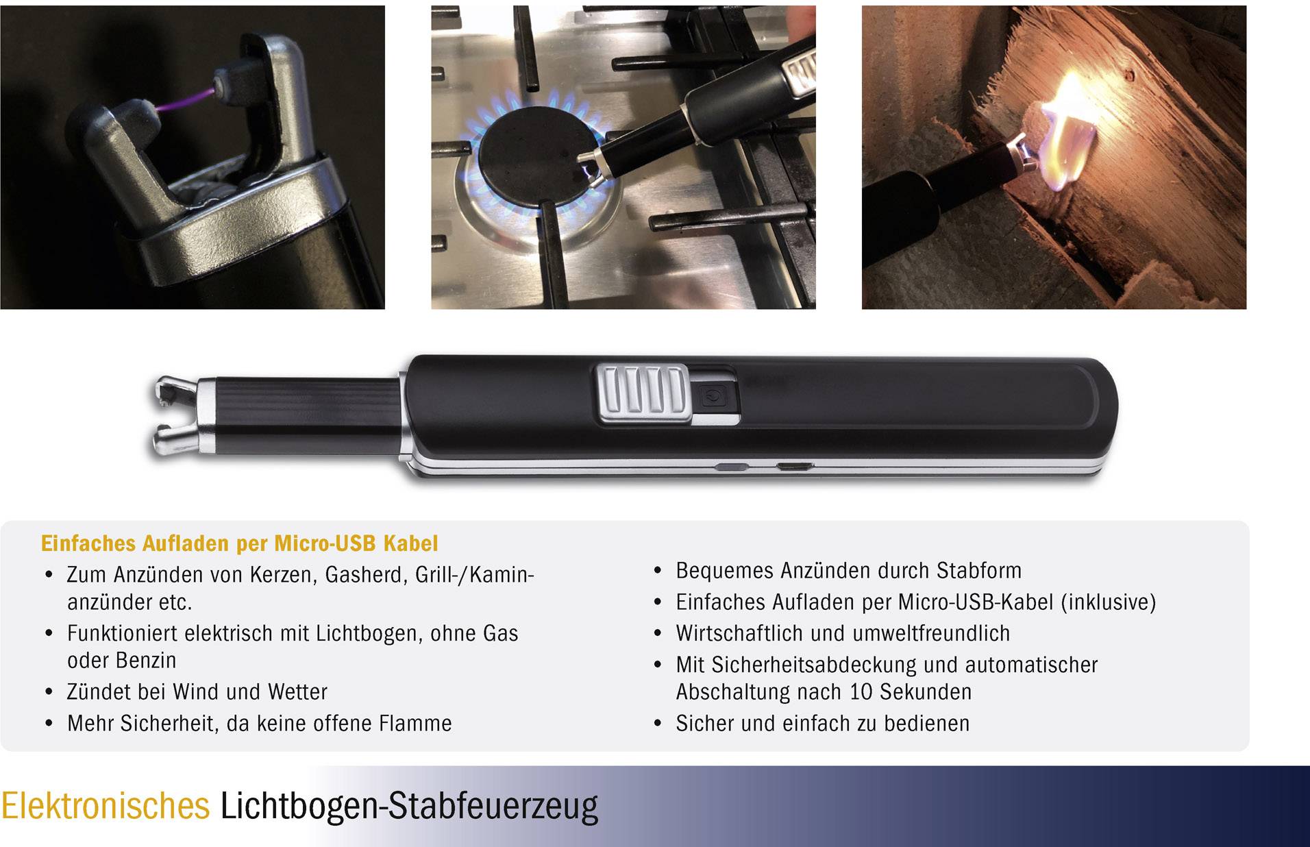 Elektronisches Lichtbogen-Stabfeuerzeug, wiederaufladbar per Micro-USB, zum Anzünden von Kerzen und Gasherden, inklusive Sicherheitsabschaltung.