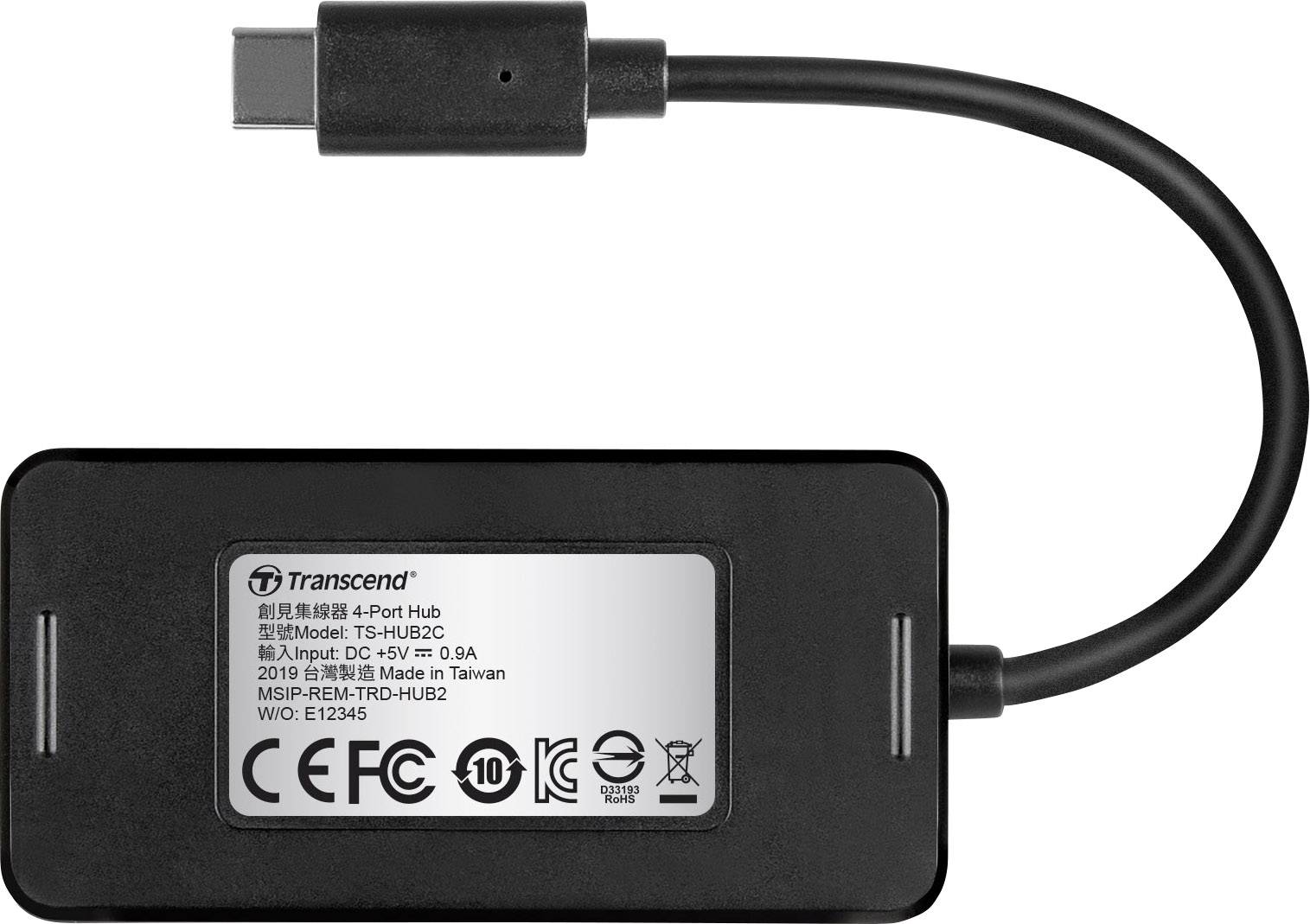 USB-C Hub von Transcend mit vier Anschlüssen, Modell TS-HUB2C, 5V, 0,9A, hergestellt in Taiwan. Schwarzes, rechteckiges Design.