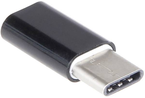 USB-C-Adapter in Nahaufnahme, schwarzes Gehäuse mit silbernem Anschluss, dient zum Verbinden von Geräten mit USB-C-Anschlüssen.