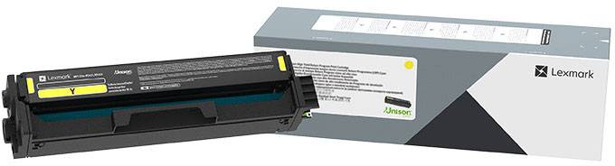 Druckerpatrone von Lexmark in schwarz und gelb, mit Verpackung im Hintergrund.