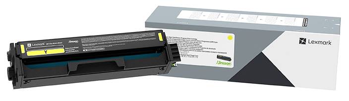 Eine Lexmark-Druckerpatrone liegt vor einer passenden Verpackung. Die Patrone ist schwarz mit einem gelben Etikett für die Farbe Gelb.