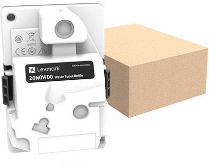 'Lexmark 20N0W00 Resttonerbehälter' neben braunem Karton. Weißer Behälter mit schwarzen Details, speziell für Laserdrucker.