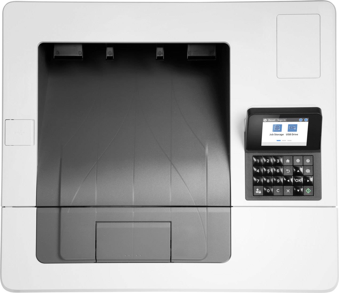Ein Drucker mit einem Bedienfeld rechts, das einen Bildschirm mit der Anzeige 'Job Storage USB Drive' zeigt.