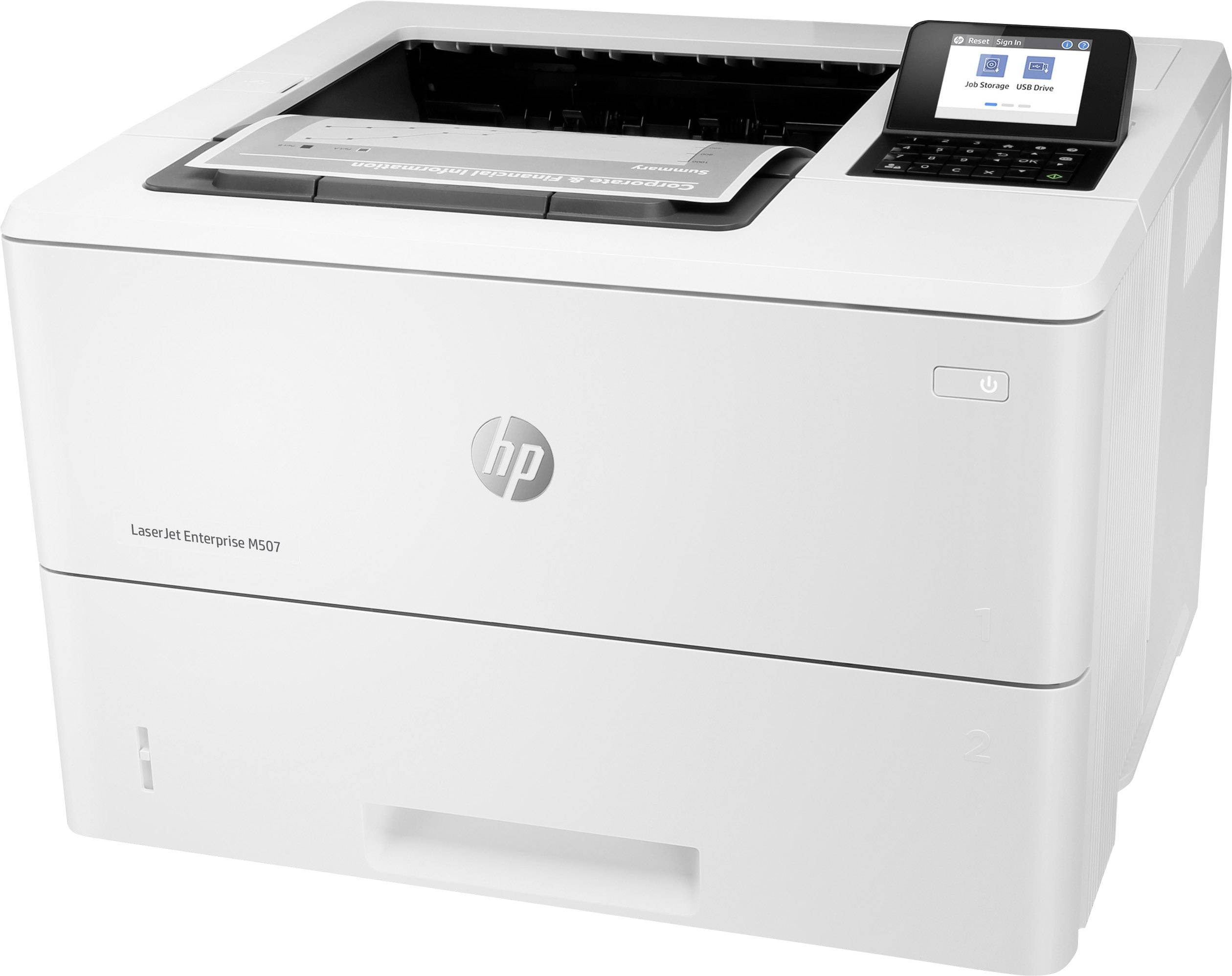 Ein weißer Laserdrucker mit Display und Bedientasten, geeignet für den Bürogebrauch. Modellname sichtbar auf der Vorderseite.