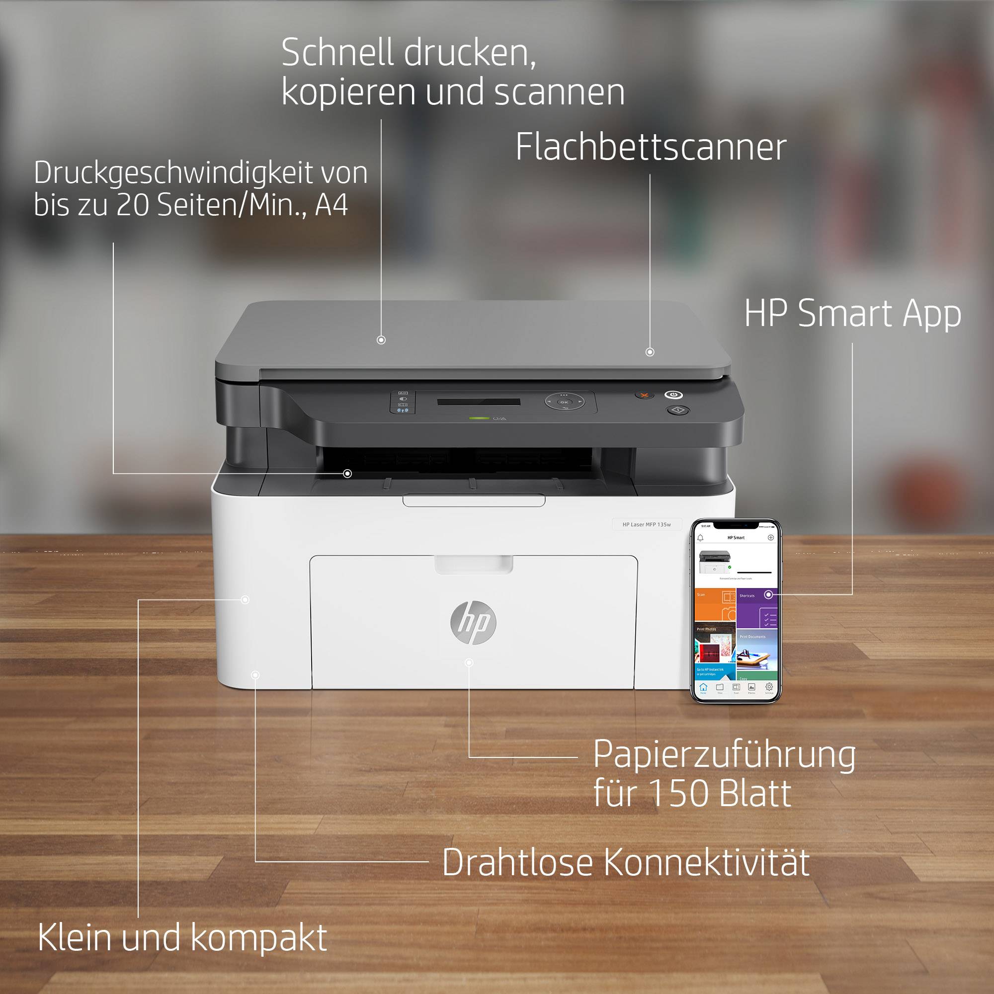HP Laser MFP 135wg Schwarzweiß Laser Multifunktionsdrucker A4 Drucker, Scanner, Kopierer WLAN