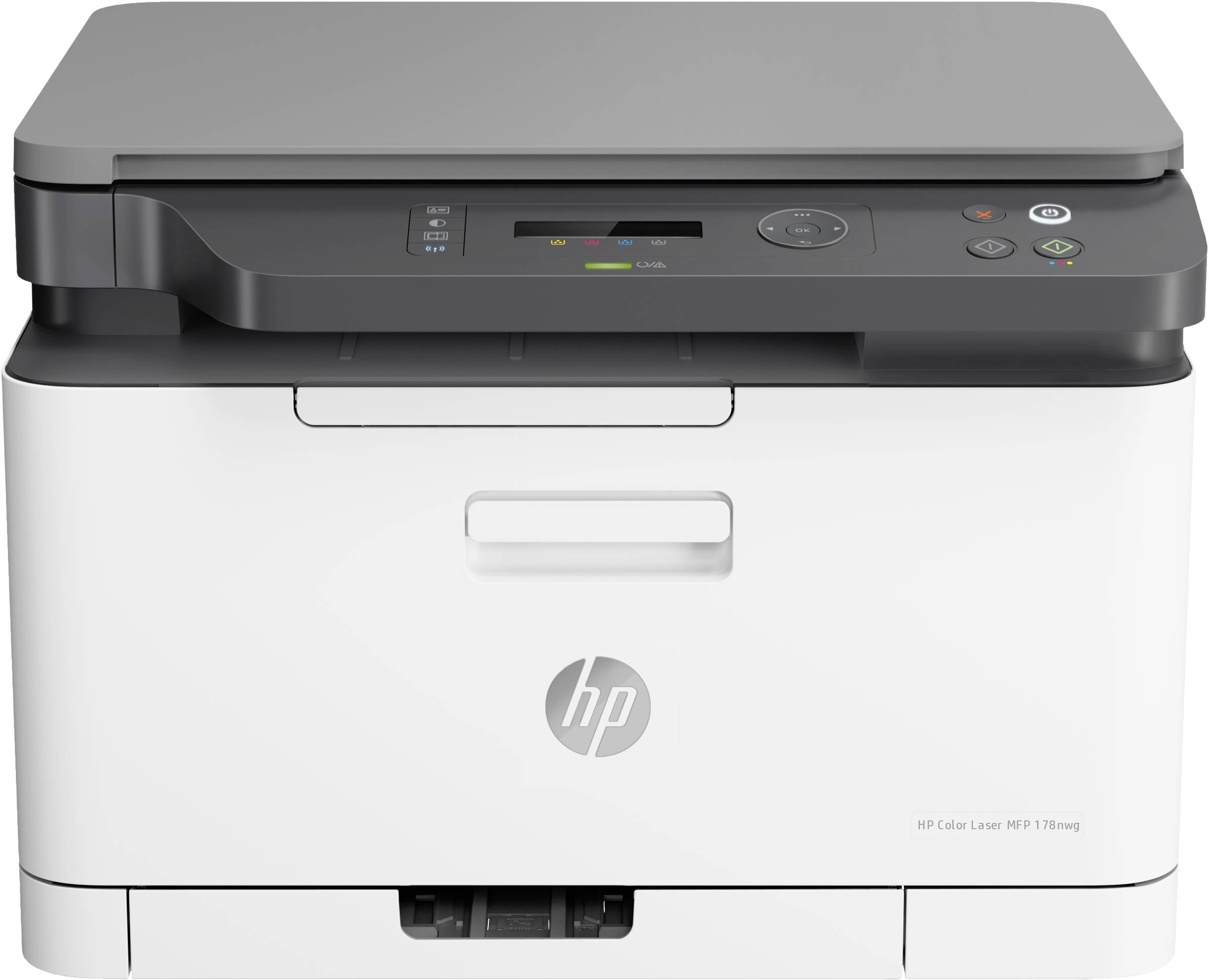 Vorderansicht eines HP-Farblaser-Multifunktionsdruckers mit Flachbettscanner, Bedienfeld und Papierausgabefach.