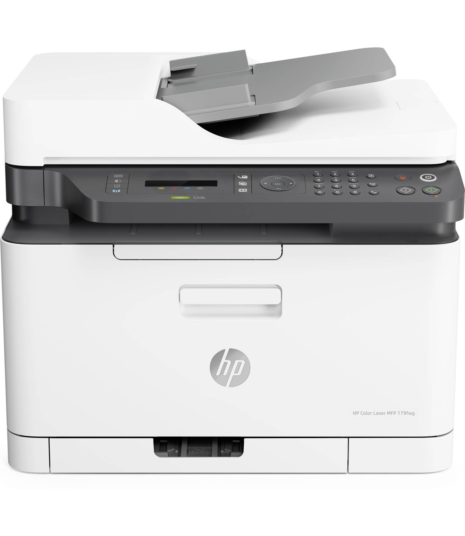 Weißer HP Multifunktions-Laserdrucker mit Scannerfläche, Bedienfeld und Papierausgabefach in Frontansicht.