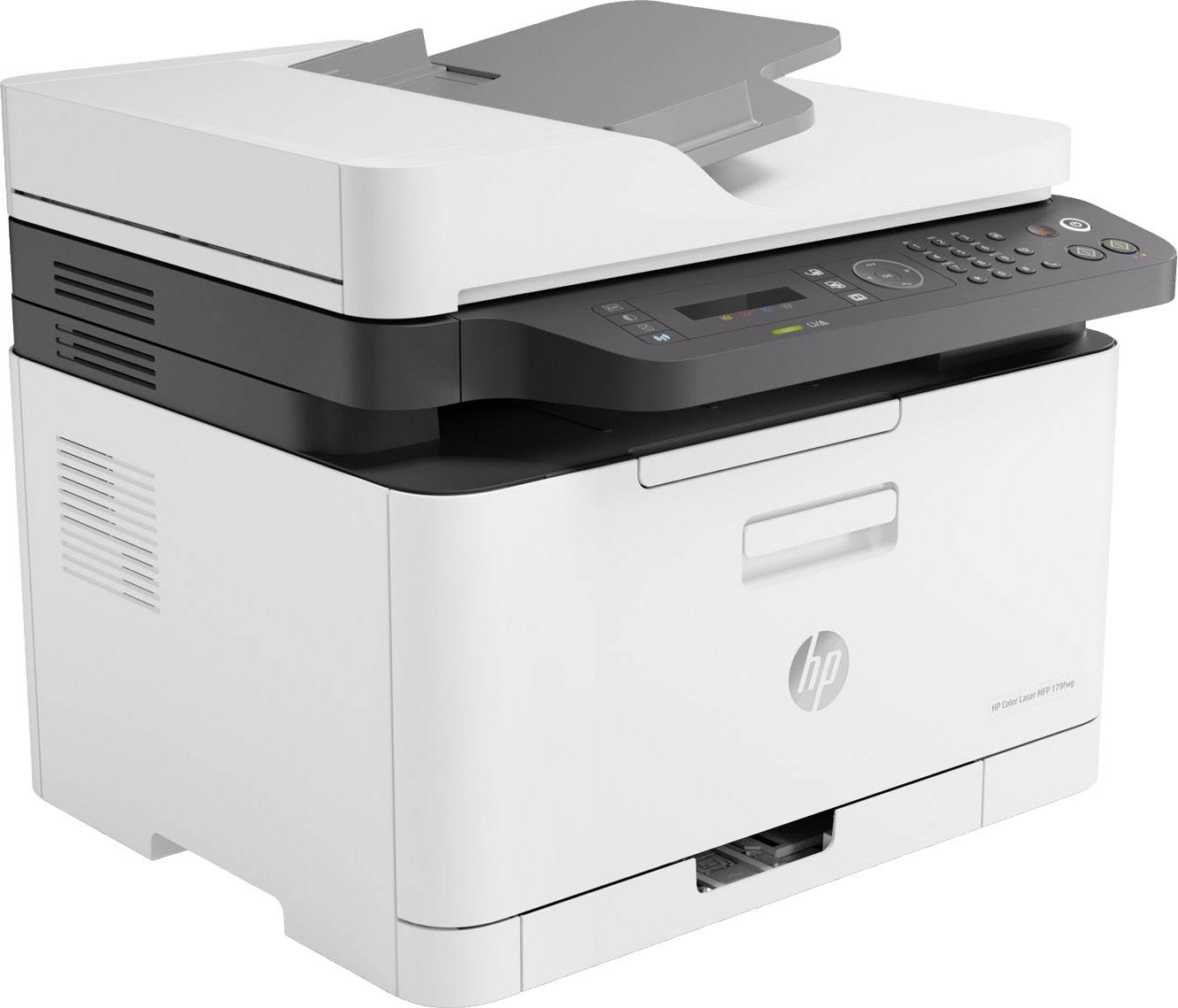 Ein weißer Multifunktionsdrucker mit automatischem Dokumenteneinzug, Bedienfeld mit Tasten und Display auf der Oberseite.