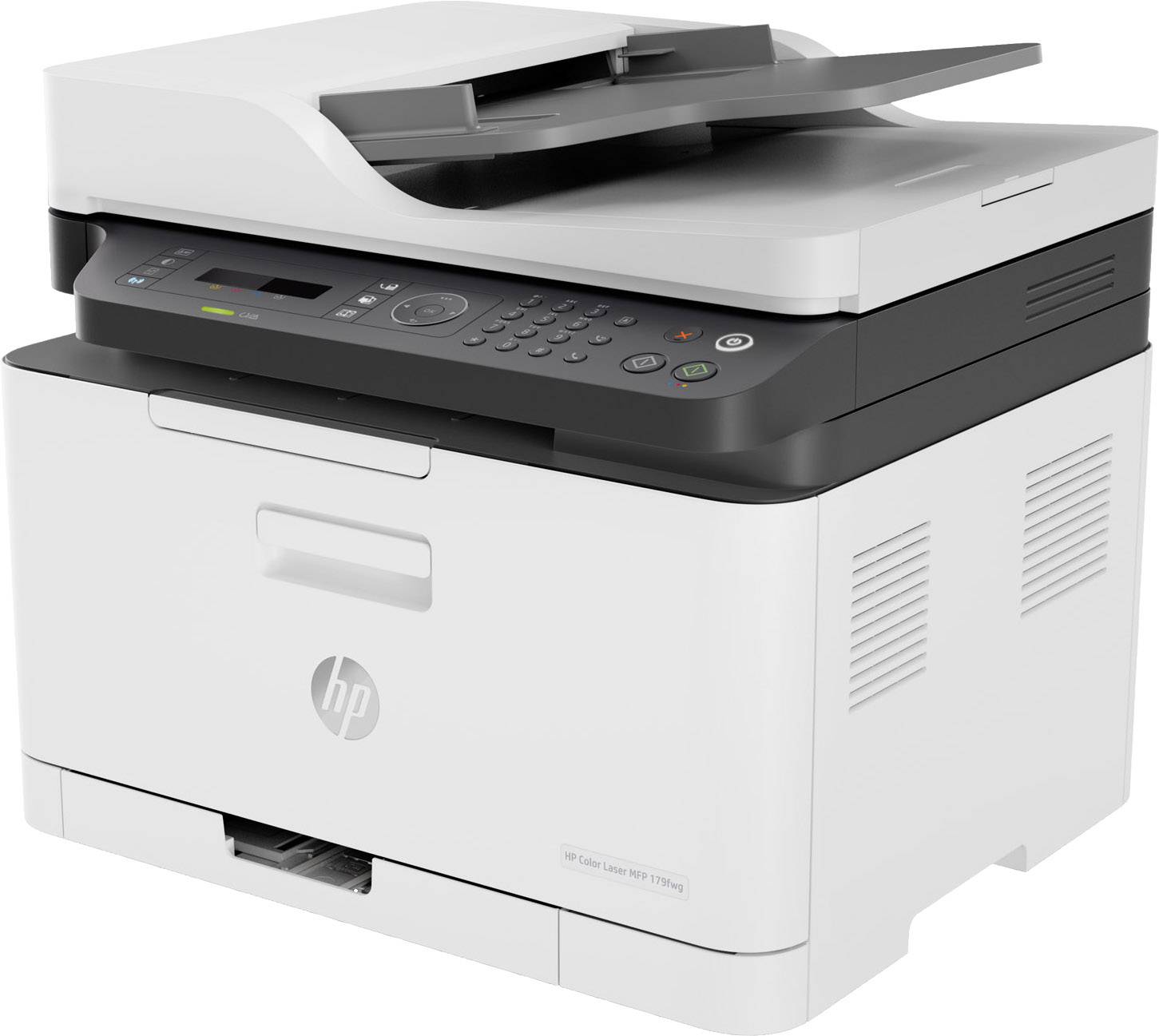 Ein weißer Multifunktionsdrucker mit Bedienfeld und Papiereinzug. Markenlogo sichtbar. Eignet sich für drucken, scannen und kopieren.