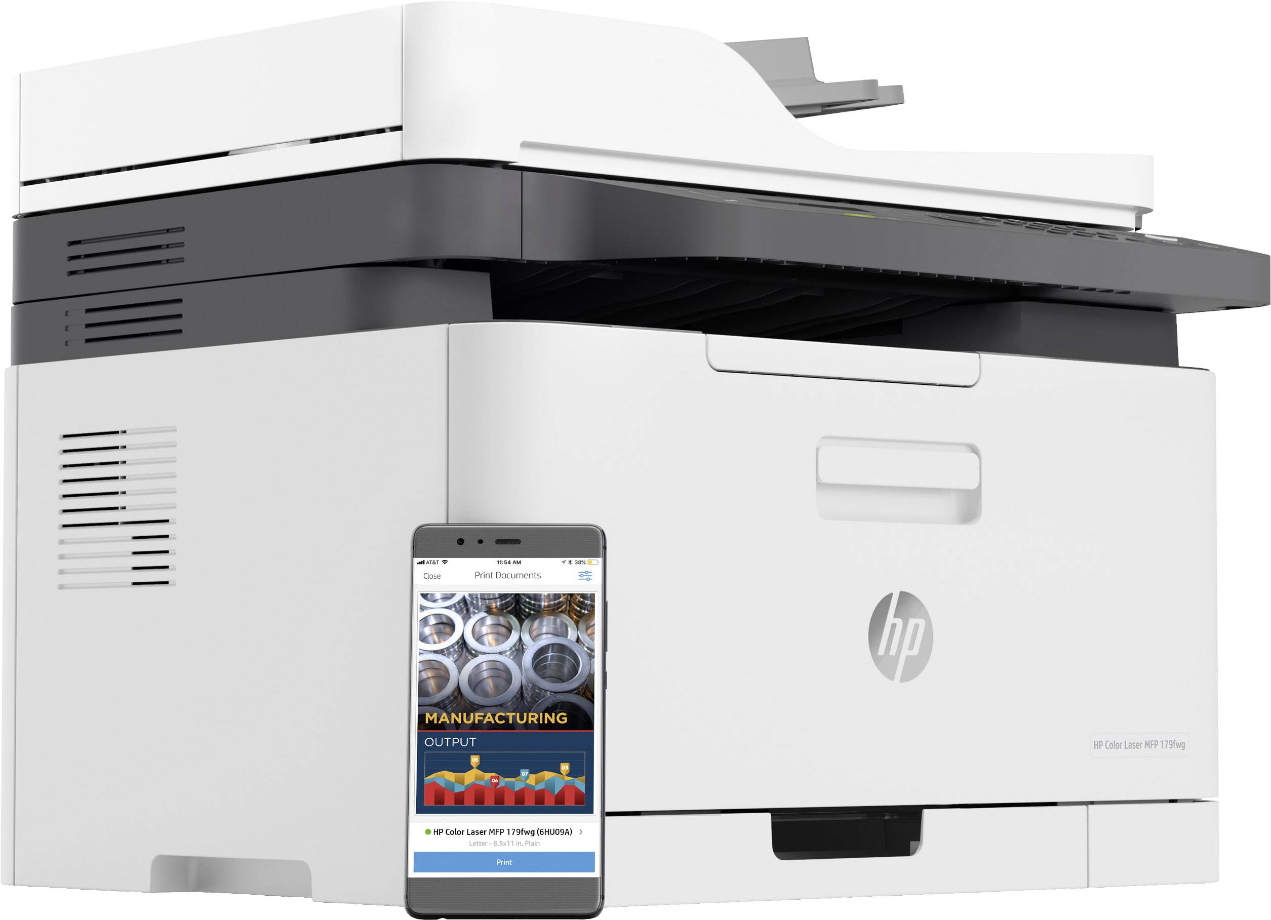 Drucker mit Smartphone, das eine Druckvorschau anzeigt.