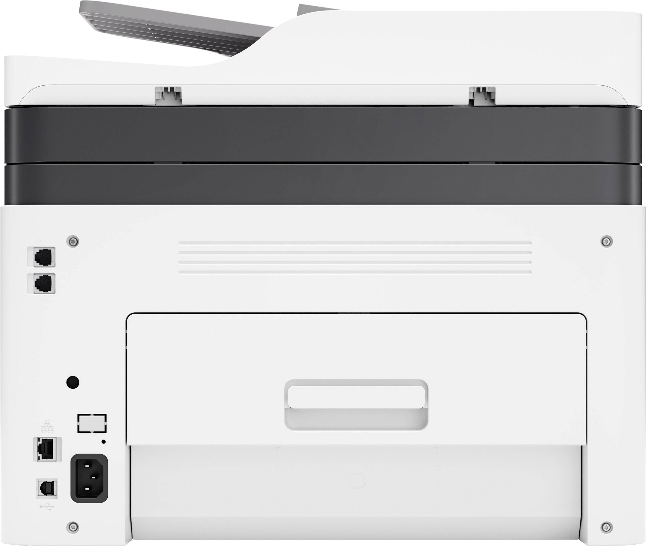 Ein multifunktionaler Drucker mit Papierfach unten und Anschlüssen auf der linken Seite. Er hat ein Flachbett-Scanner-Element oben.