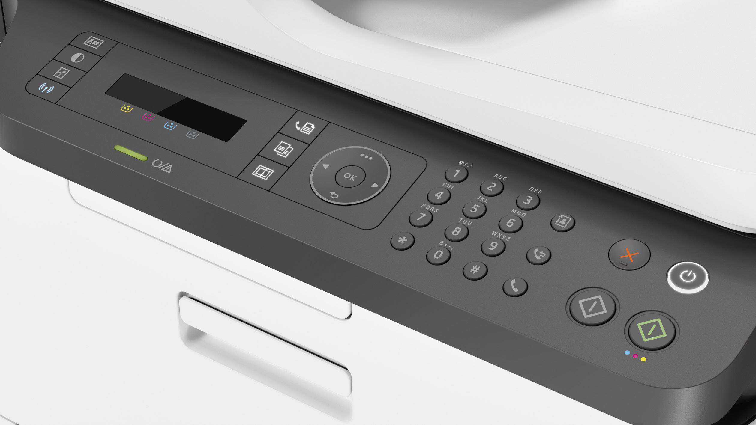 Multifunktionsdrucker-Bedienfeld mit Display, Zifferntasten und Funktionstasten für Kopieren, Scannen und Drucken.