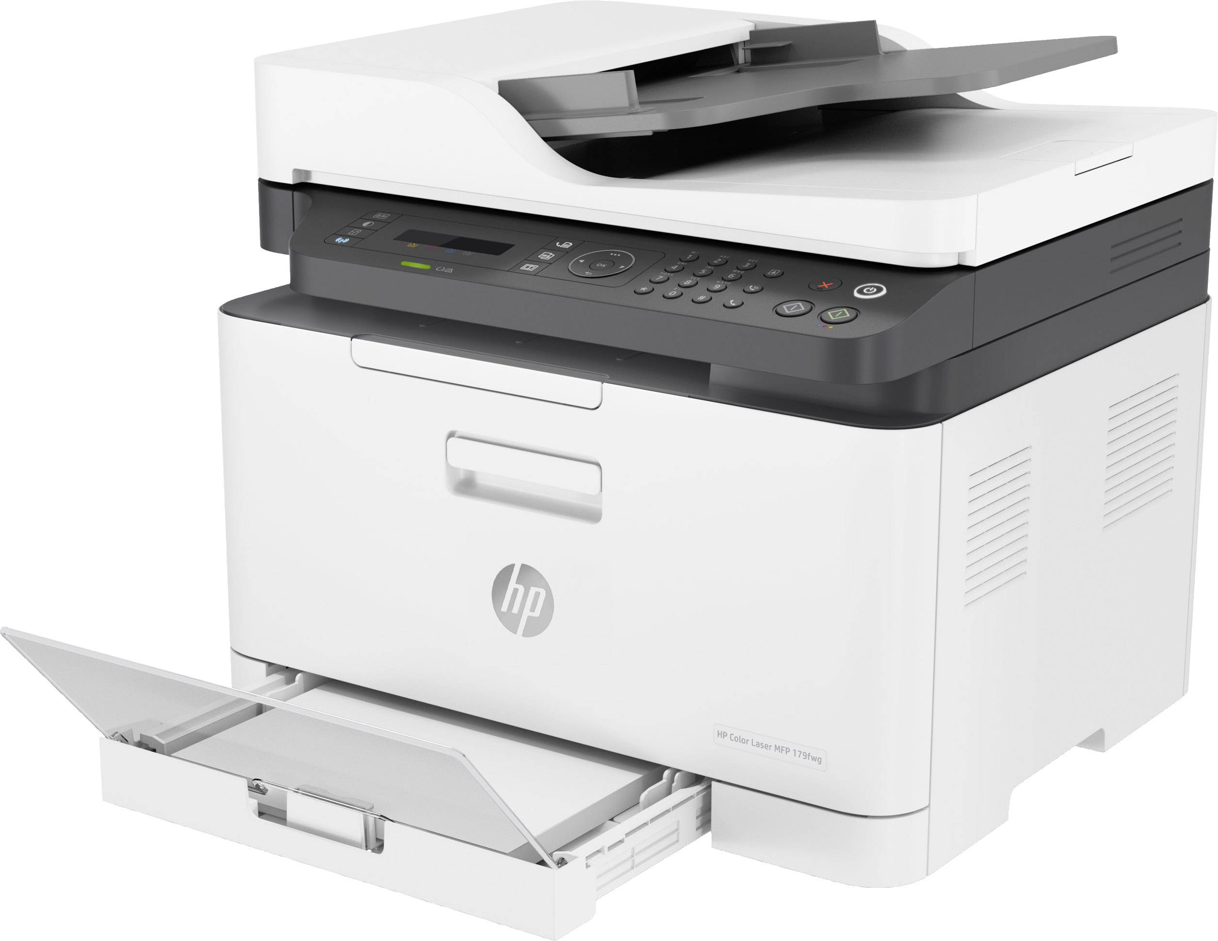 Ein weißer Multifunktions-Laserdrucker mit Bedienfeld und Papierzufuhr. Geeignet für Büroarbeiten wie Drucken, Scannen und Kopieren.