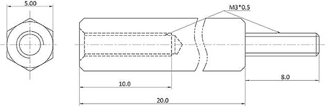 Technische Zeichnung eines Stifts mit Maßen: Gesamtlänge 20 mm, Sechskantkopf 5 mm, Gewinde M13x0,5, Schaftdurchmesser 8 mm.