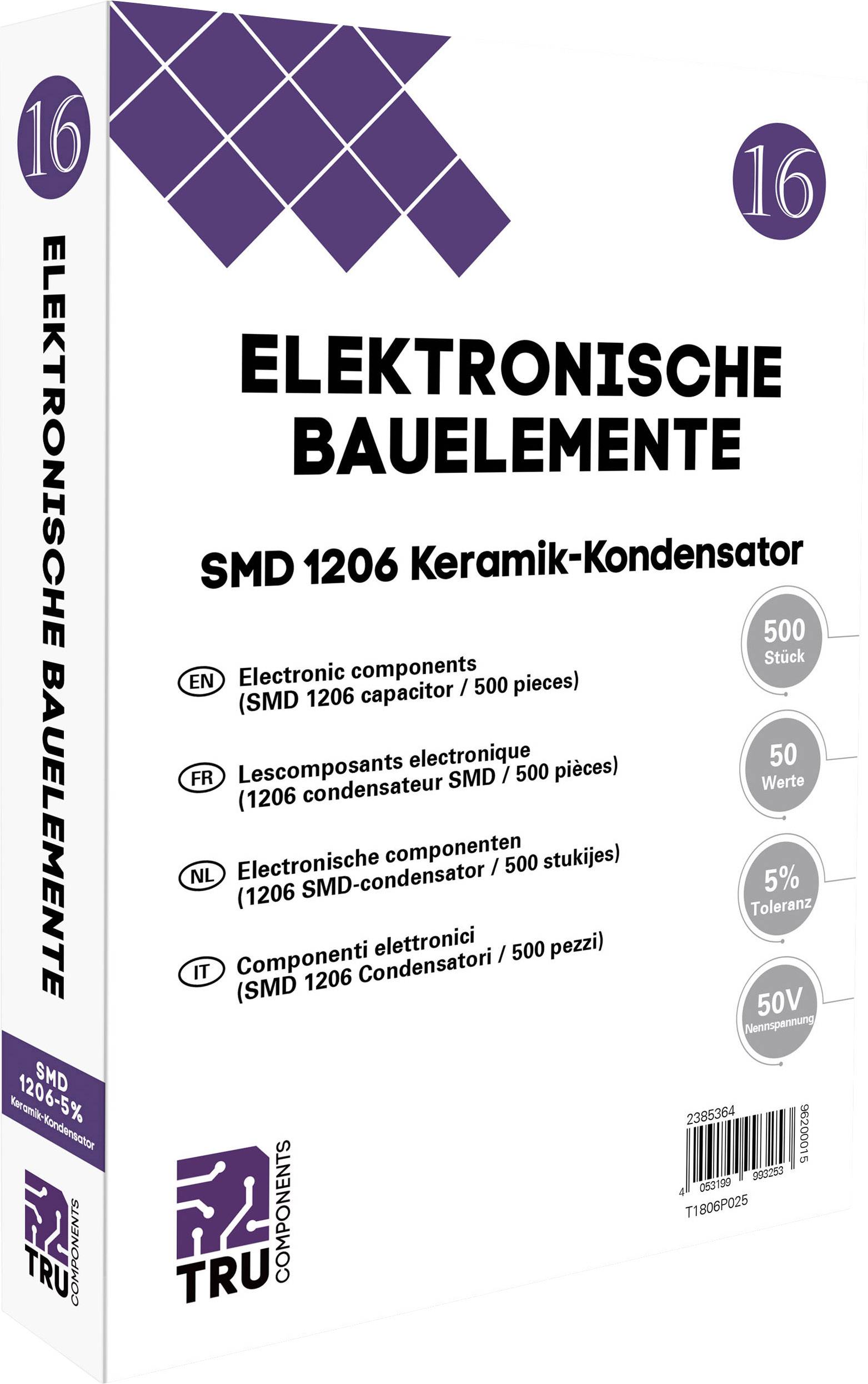 Verpackung eines SMD 1206 Keramik-Kondensators mit 500 Stück; 50 Volt, 50 Werte. Beschreibungen auf Deutsch, Englisch, Französisch, Niederländisch, Italienisch.