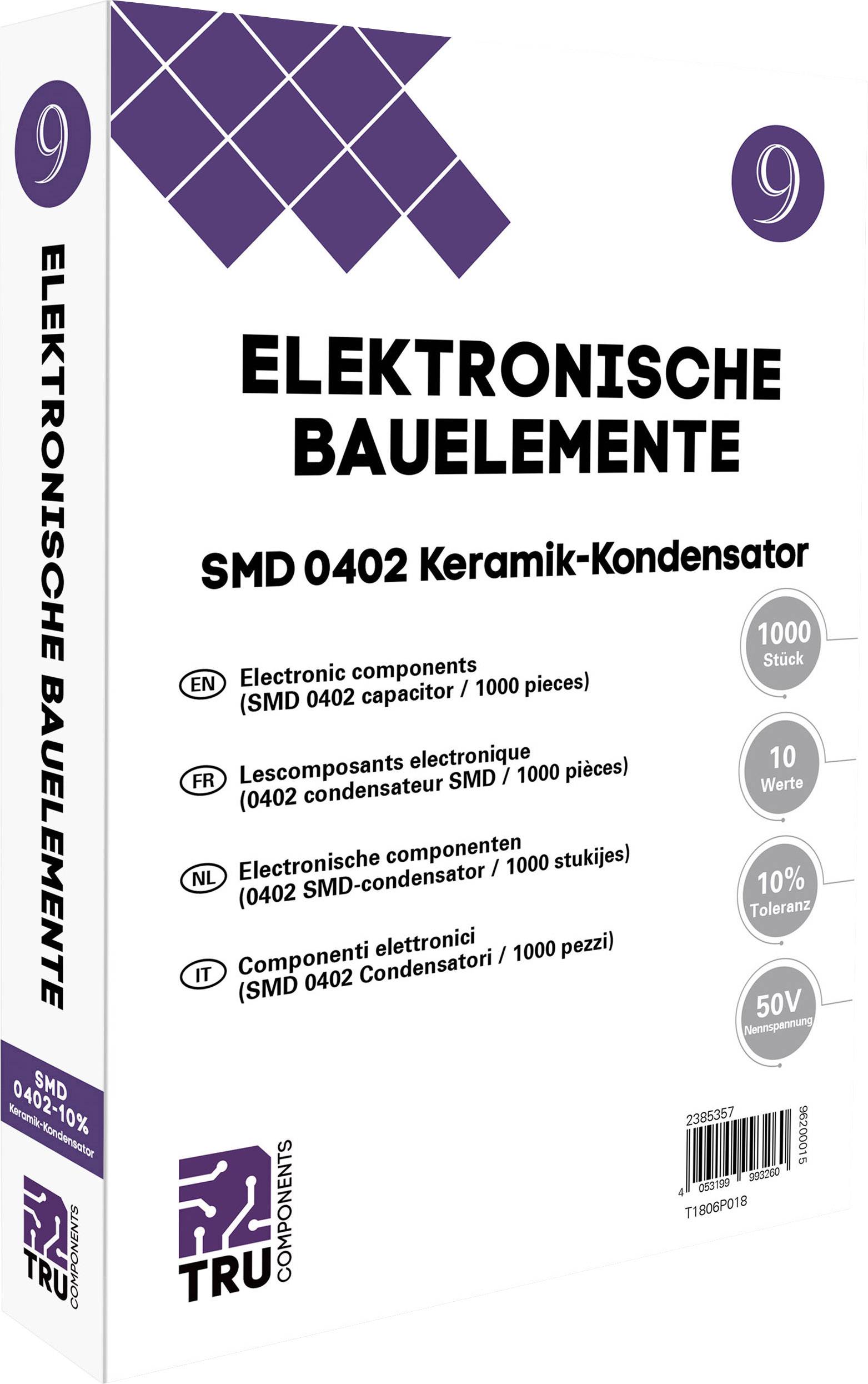 Verpackung eines keramischen SMD-Kondensators, 1000 Stück, Typ 0402, Werte von 10 bis 50 Volt, mit Text in mehreren Sprachen.