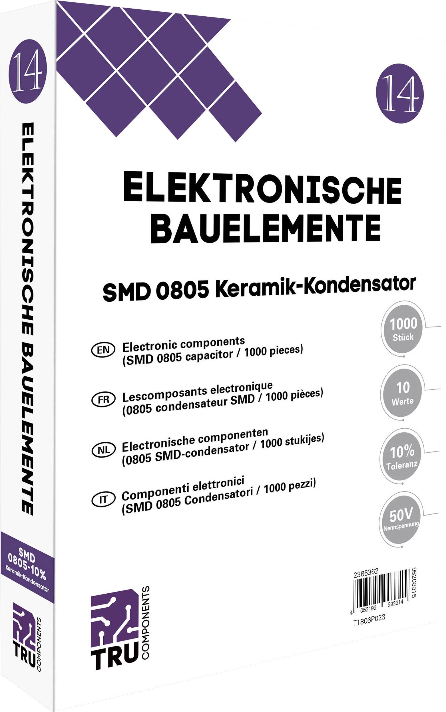 'Elektronische Bauelemente SMD 0805 Keramik-Kondensator' Verpackung. Enthält 1000 Stück, 10 Werte, Toleranz 10%, 50V.