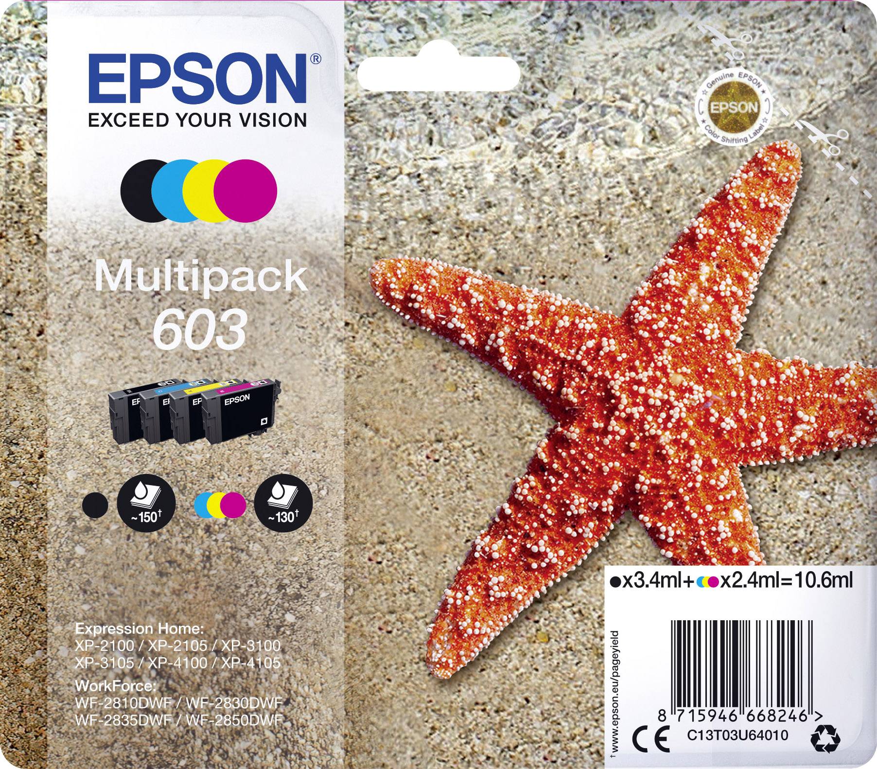 Epson Druckerpatrone T03U64, 603 Original Kombi-Pack Schwarz, Cyan, Magenta, Gelb C13T03U64010