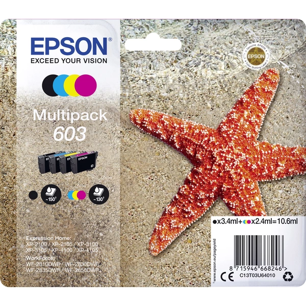 Epson Druckerpatrone T03U64, 603 Original Kombi-Pack Schwarz, Cyan, Magenta, Gelb C13T03U64010 Epson Druckerpatrone T03U64, 603 Original Kombi-Pack Schwarz, Cyan, Magenta, Gelb C13T03U64010