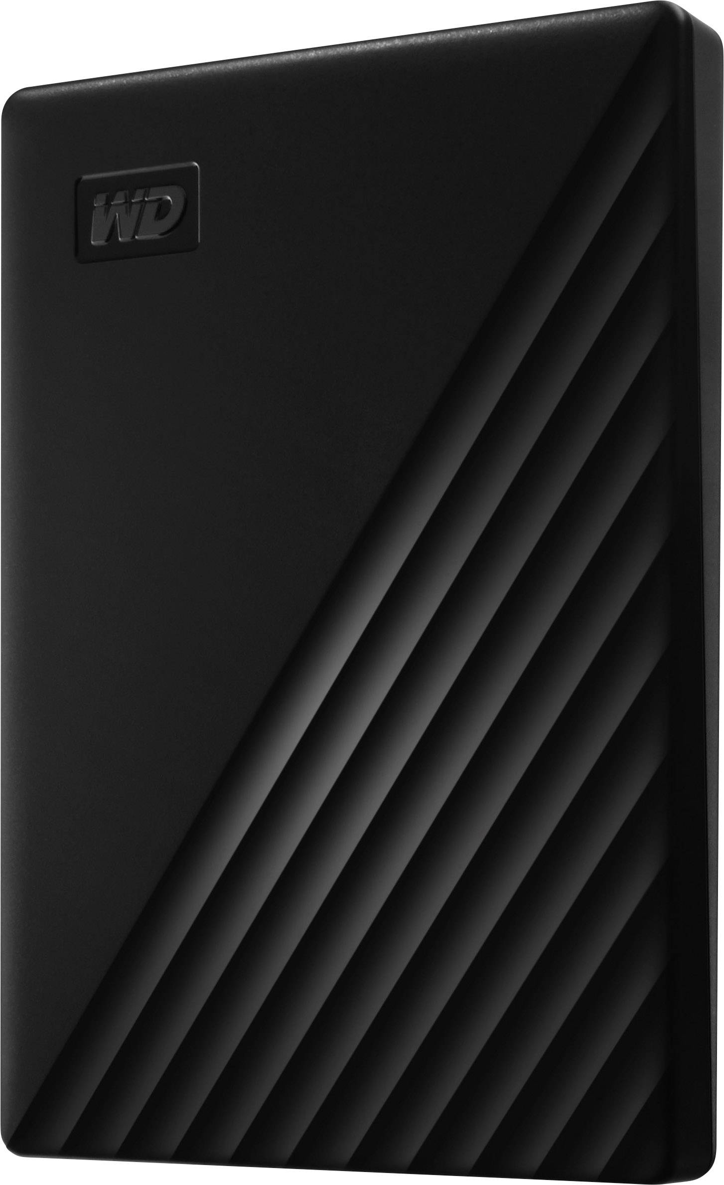 Externe schwarze Festplatte mit diagonalen Linien auf der Oberfläche.