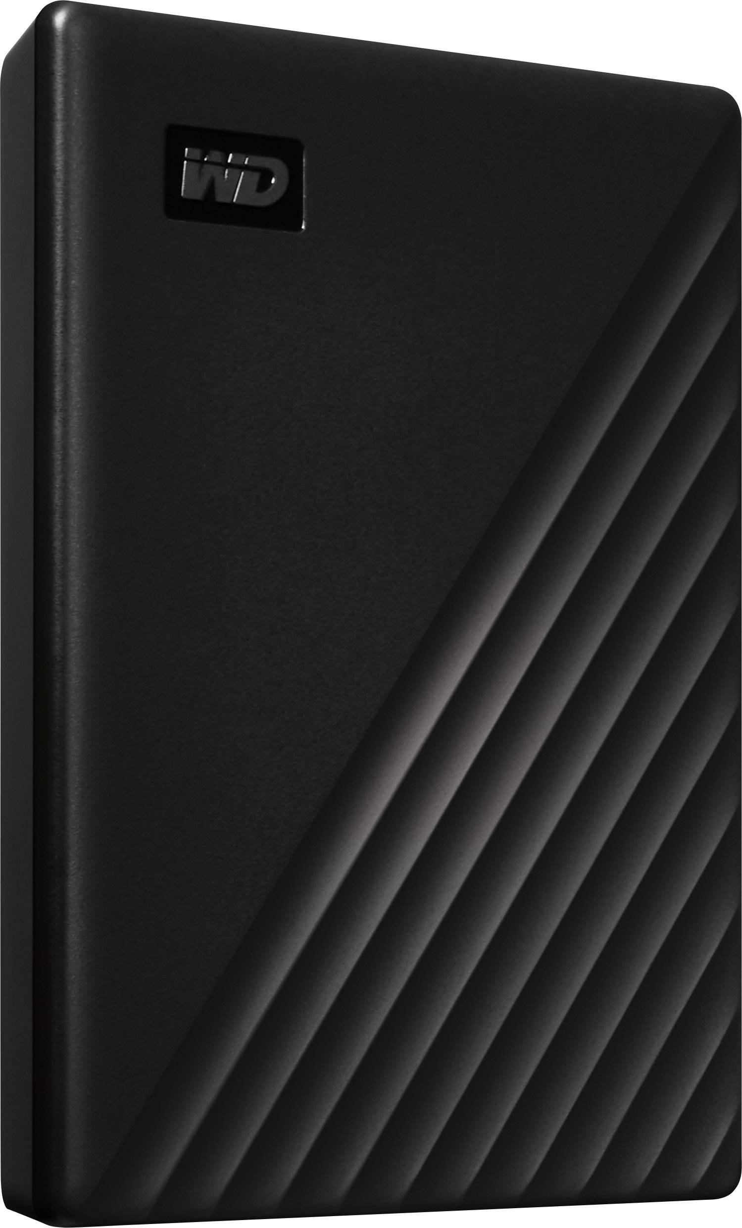 Externe schwarze Festplatte mit diagonalen Streifen und dem 'WD'-Logo in der oberen linken Ecke.
