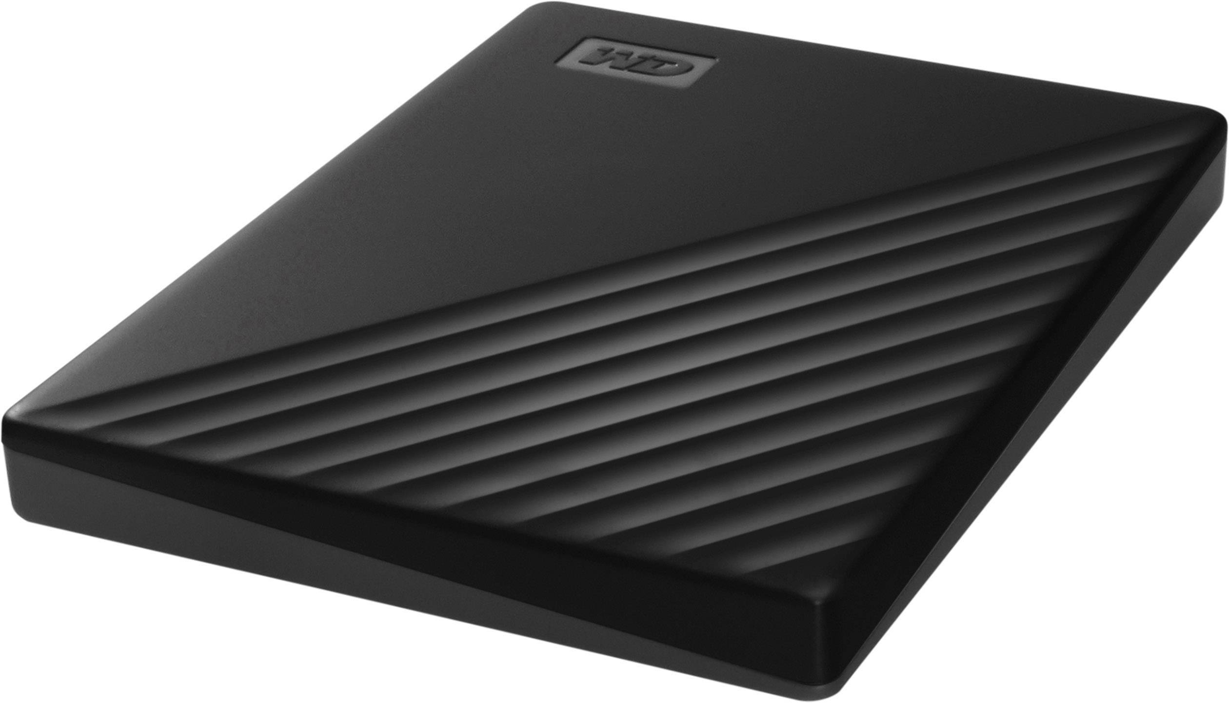 Schwarze externe Festplatte mit diagonalen Streifenmuster, zeigt minimalistisches Design.