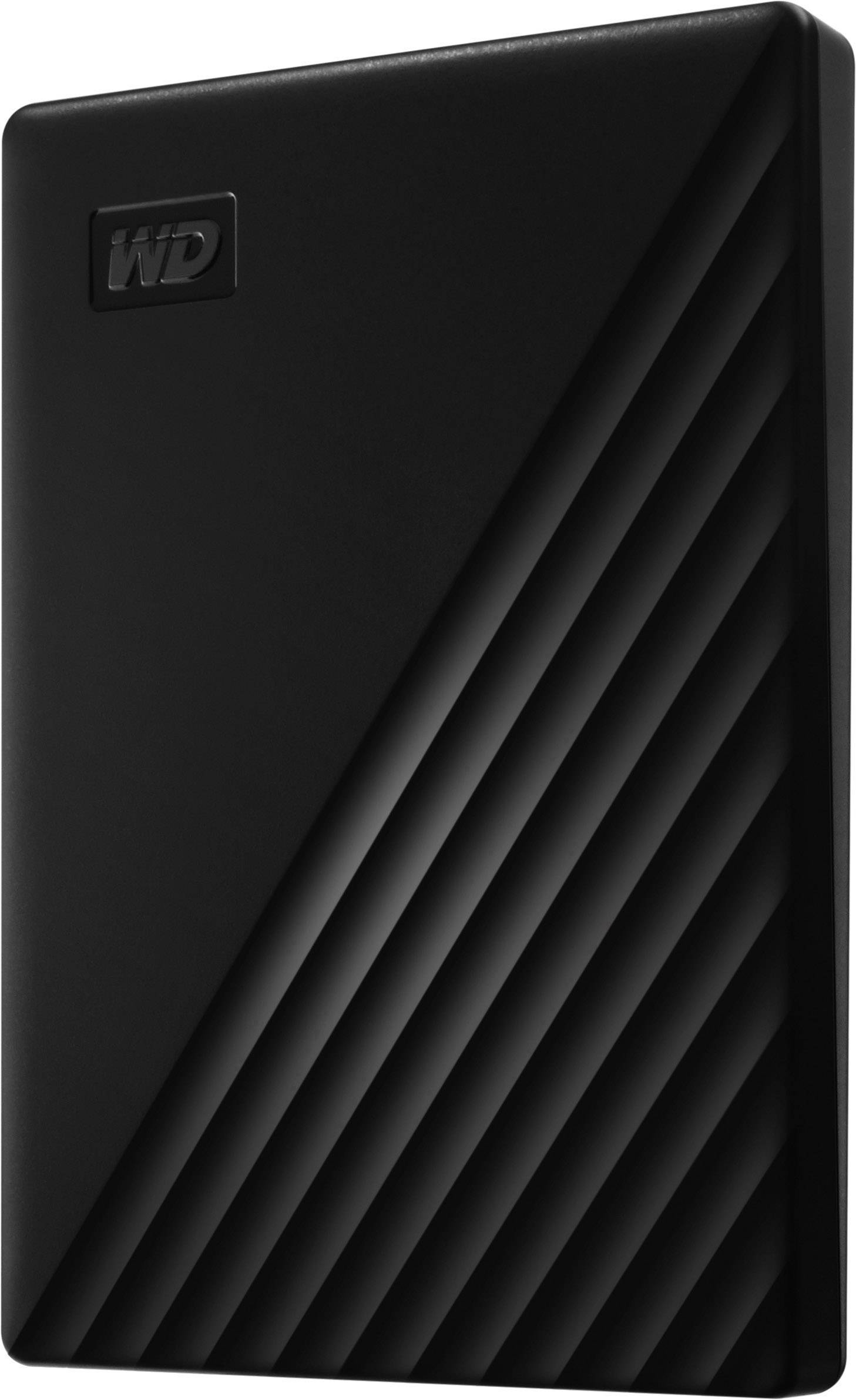 Einfaches externes schwarzen Festplattengehäuse mit einem diagonalen Linienmuster auf der Vorderseite. Markenlogo oben links sichtbar.
