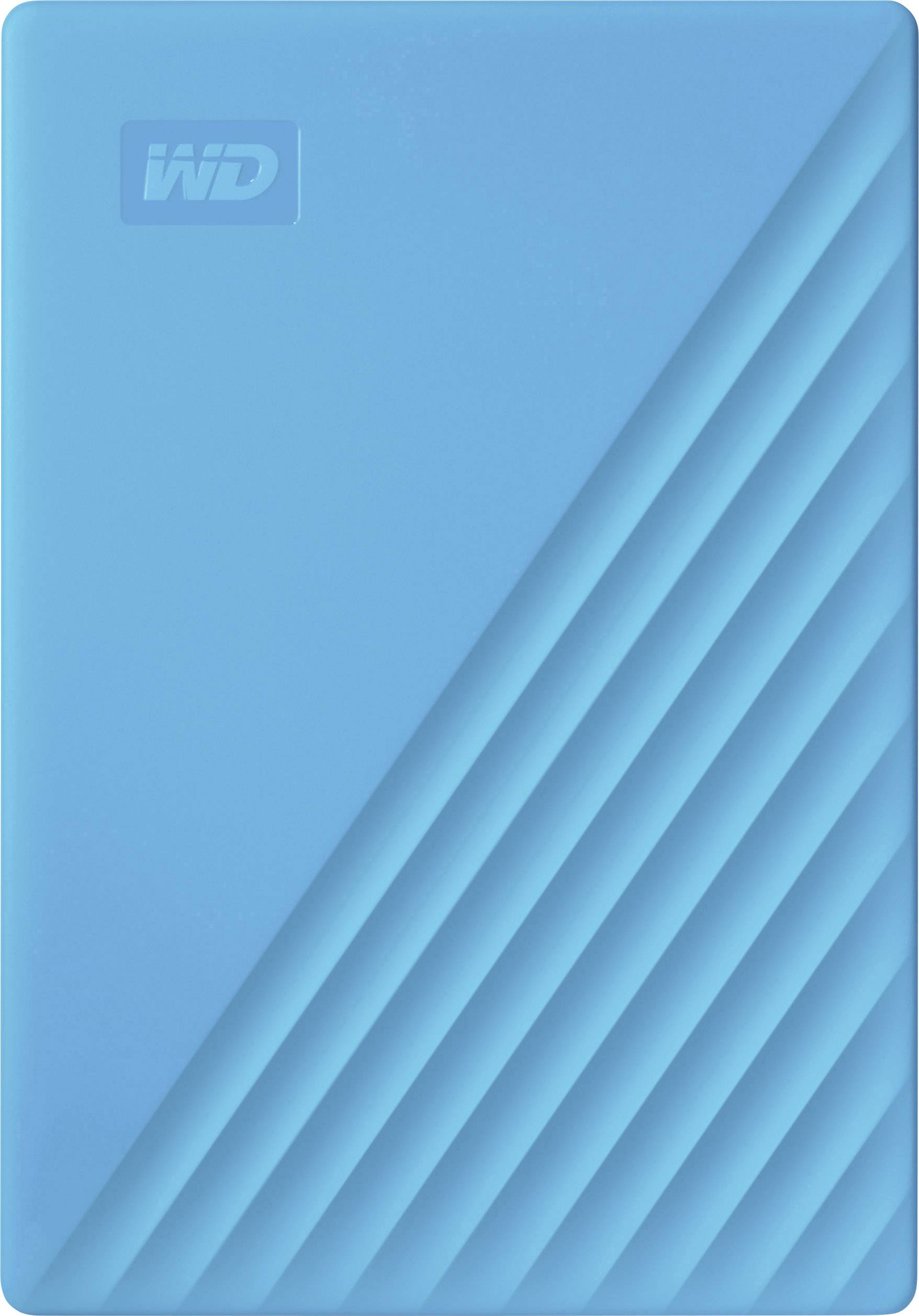 Eine blaue externe Festplatte mit diagonalem Streifenmuster und dem 'WD'-Logo in der oberen linken Ecke.
