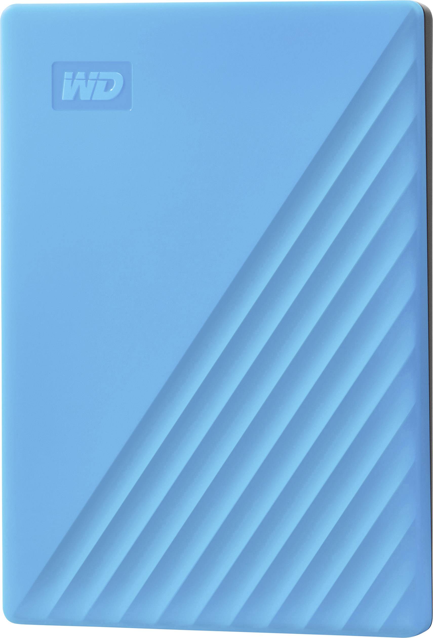Blaue externe Festplatte mit diagonalem Streifenmuster und 'WD'-Logo oben links.