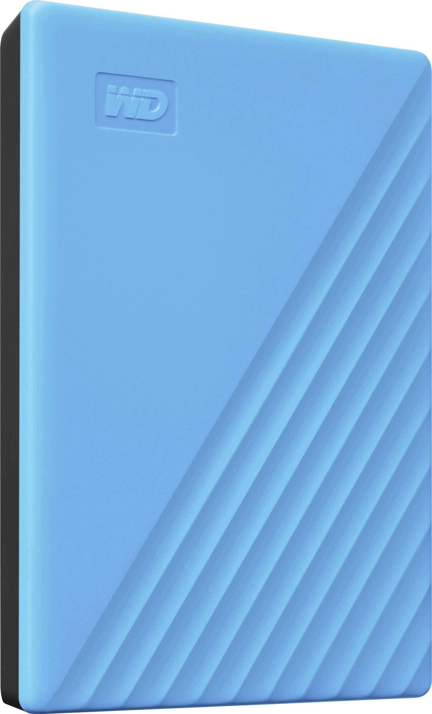 Externe, blaue Festplatte mit geprägtem Logo und diagonalen Streifen.