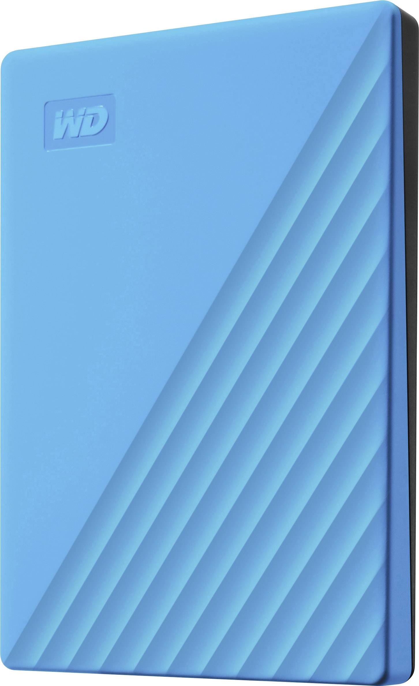 Externe Festplatte in hellem Blau mit diagonalem Linienmuster auf der rechten Seite. Geeignet für Speicherlösungen unterwegs.