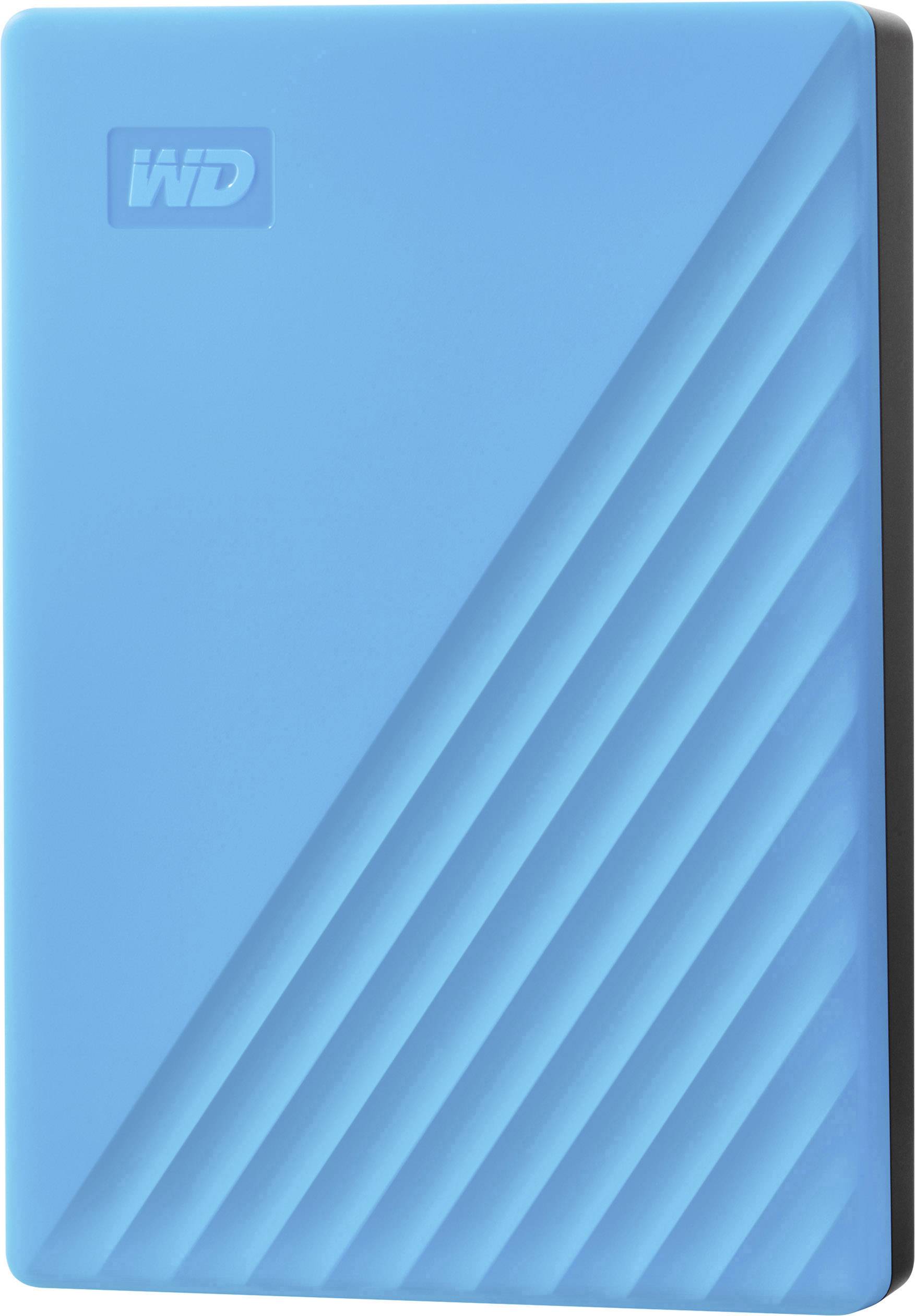 Eine blaue externe Festplatte mit diagonalen Streifen und einem kleinen 'WD'-Logo in der oberen linken Ecke.