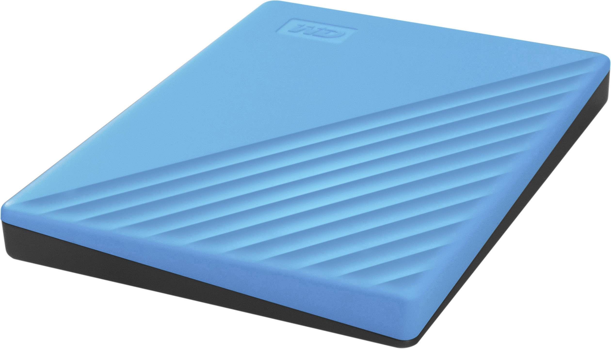 Externe Festplatte in leuchtendem Blau mit diagonalen Streifen auf der Oberfläche.