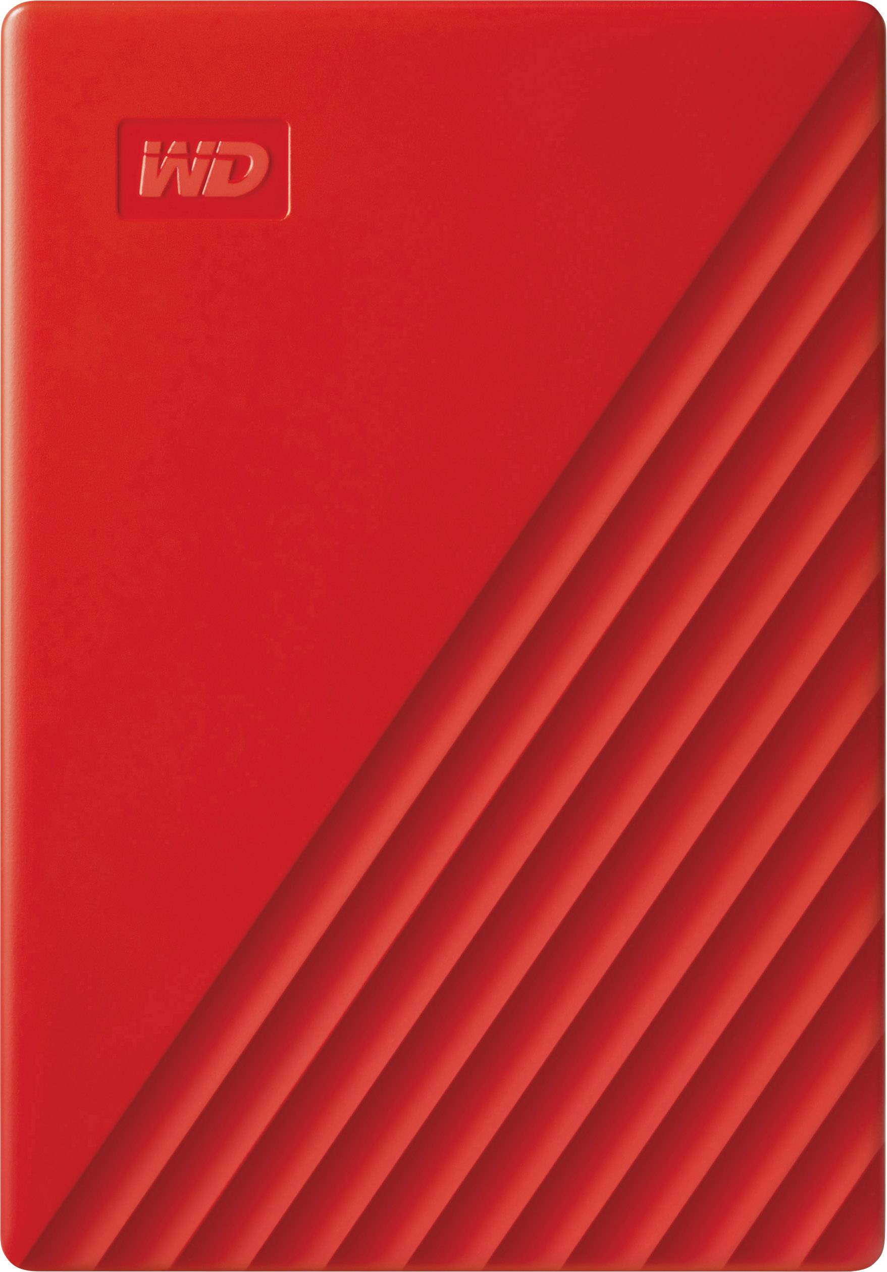Rote externe Festplatte mit diagonalen Linien und dem WD-Logo oben links.