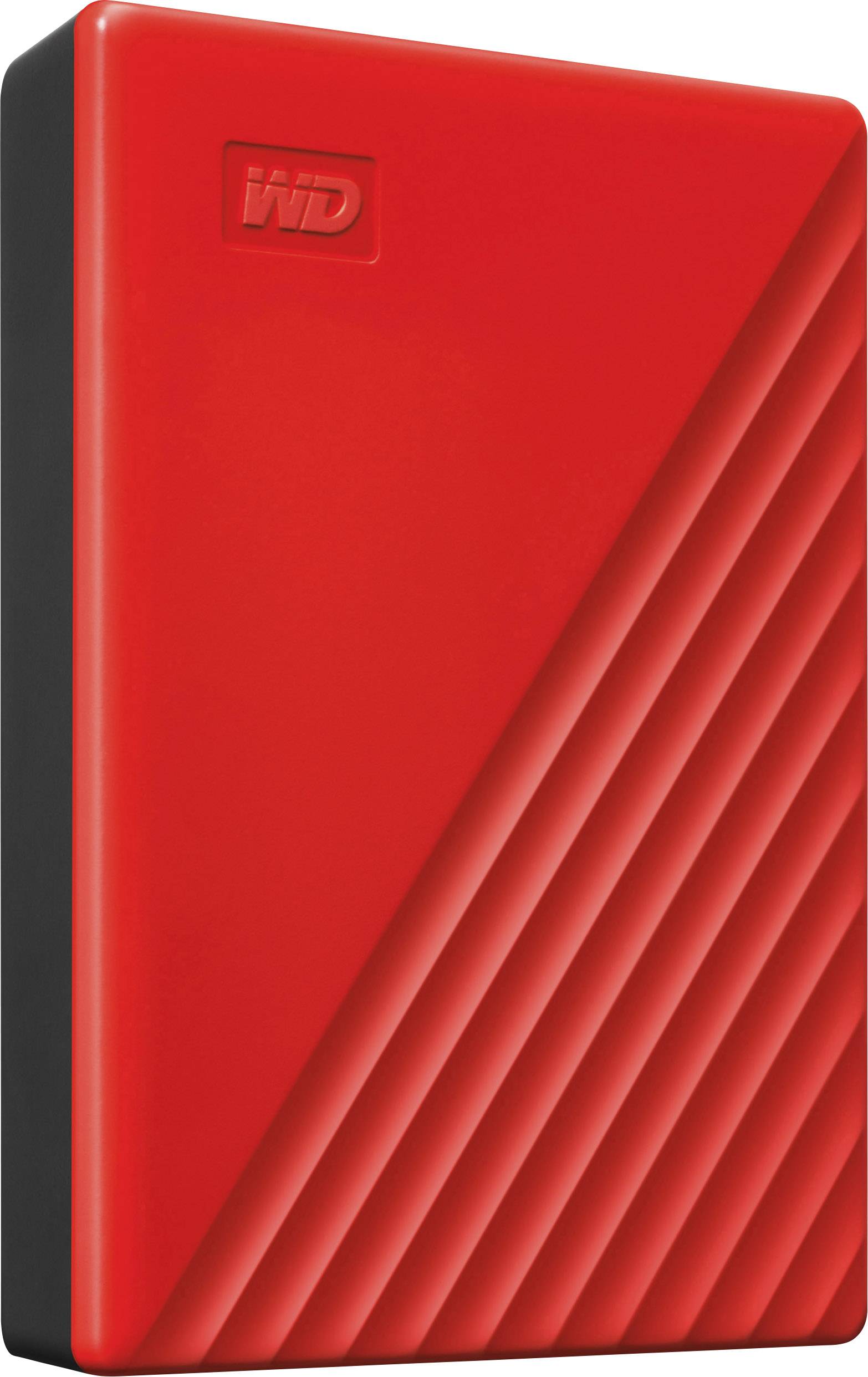 Eine rote externe Festplatte mit diagonalen Linien auf der Vorderseite und einem schwarzen Rand.