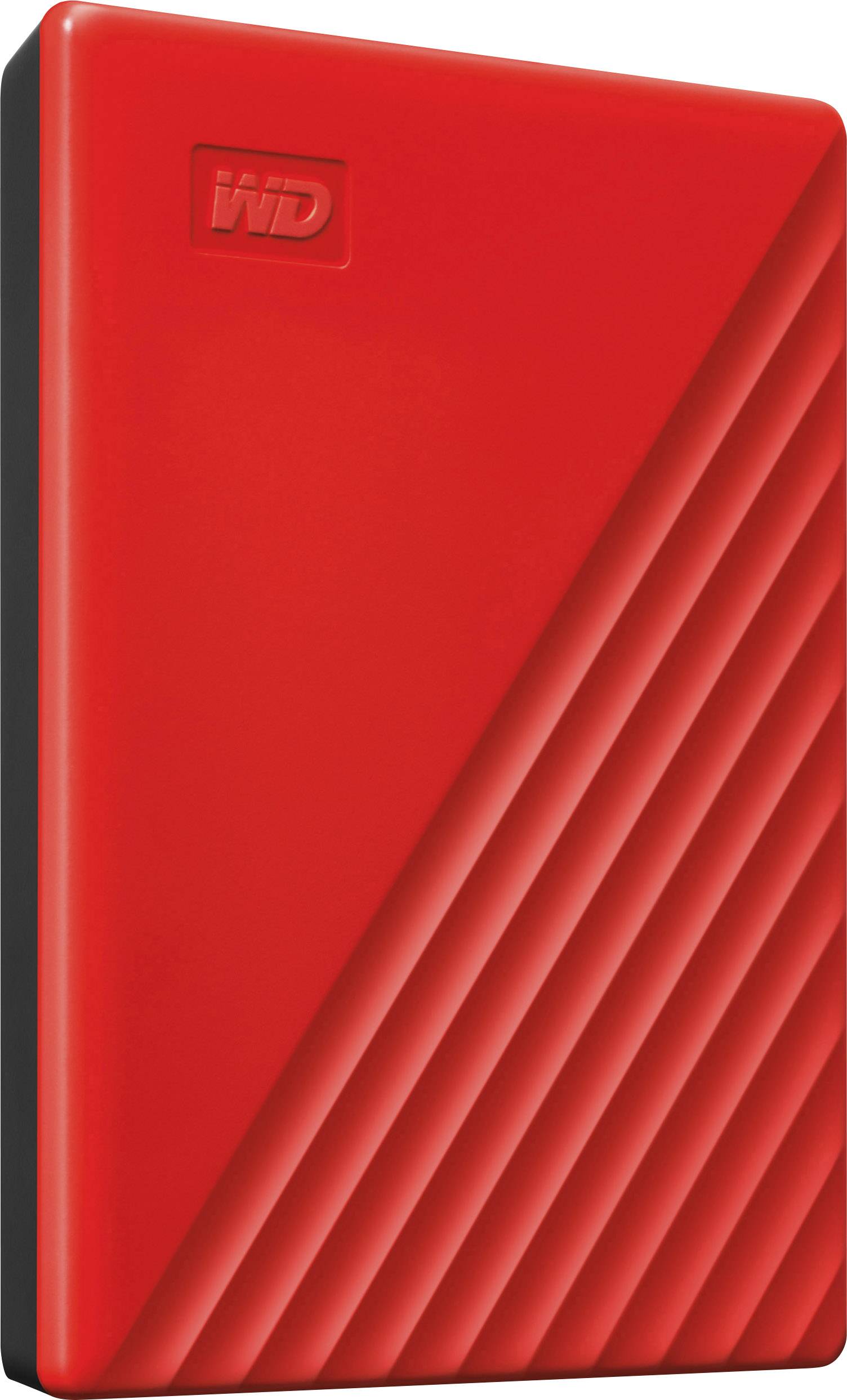 Externe Festplatte in leuchtendem Rot mit Markenlogo in der oberen Ecke, auffälliges gerilltes Design auf der Vorderseite.