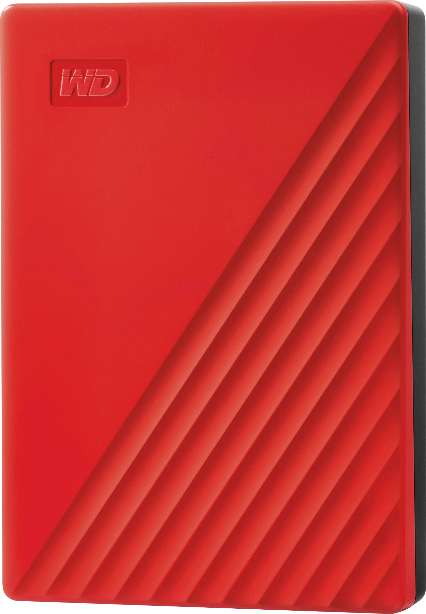 Rote externe Festplatte mit WD-Logo, diagonale Linienstruktur auf der Oberfläche, steht aufrecht.