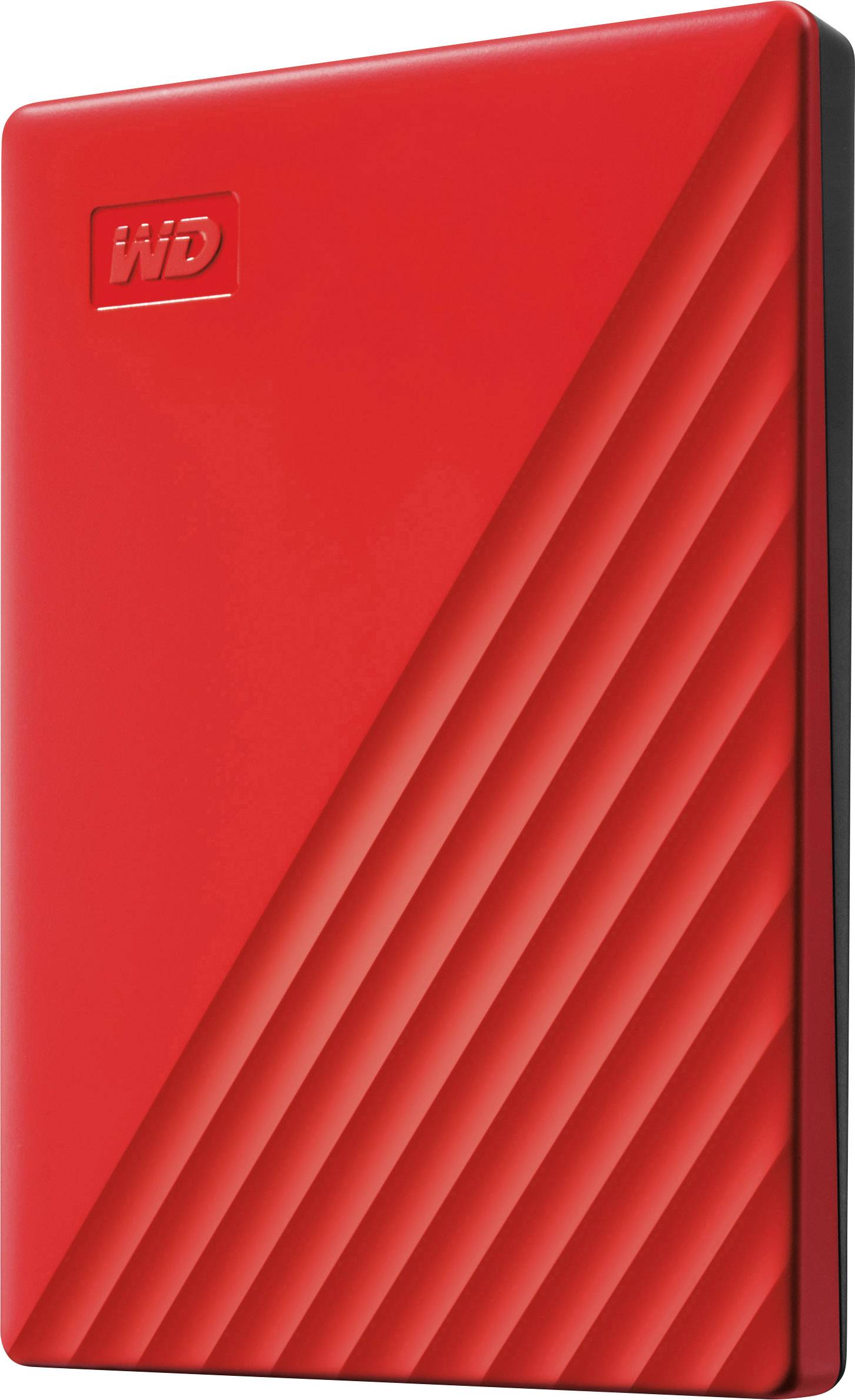 Externe rote Festplatte mit diagonalen Rillen und einem 'WD'-Logo oben links.