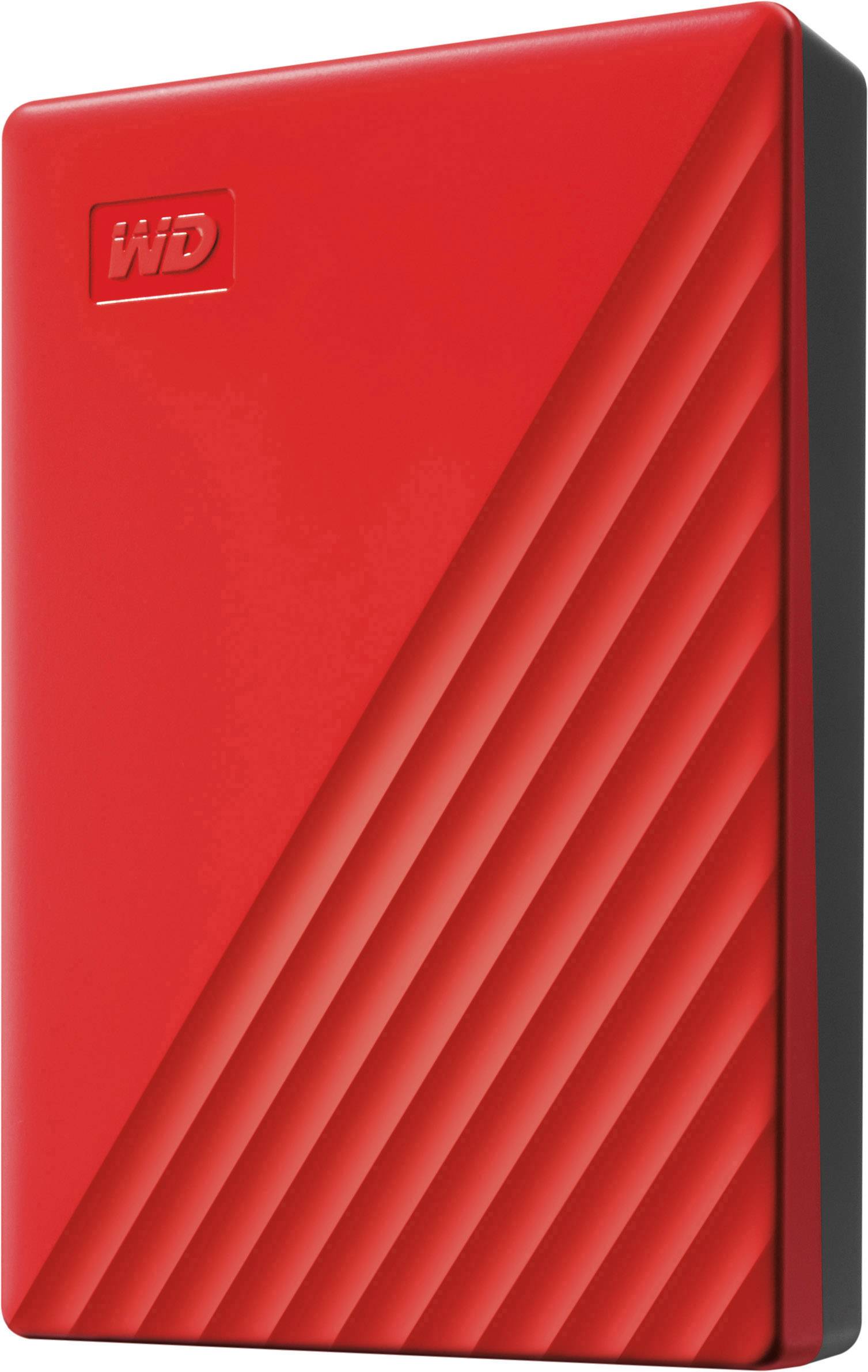 Rote externe Festplatte mit diagonalen Linien und WD-Logo, zeigt schlankes Design.